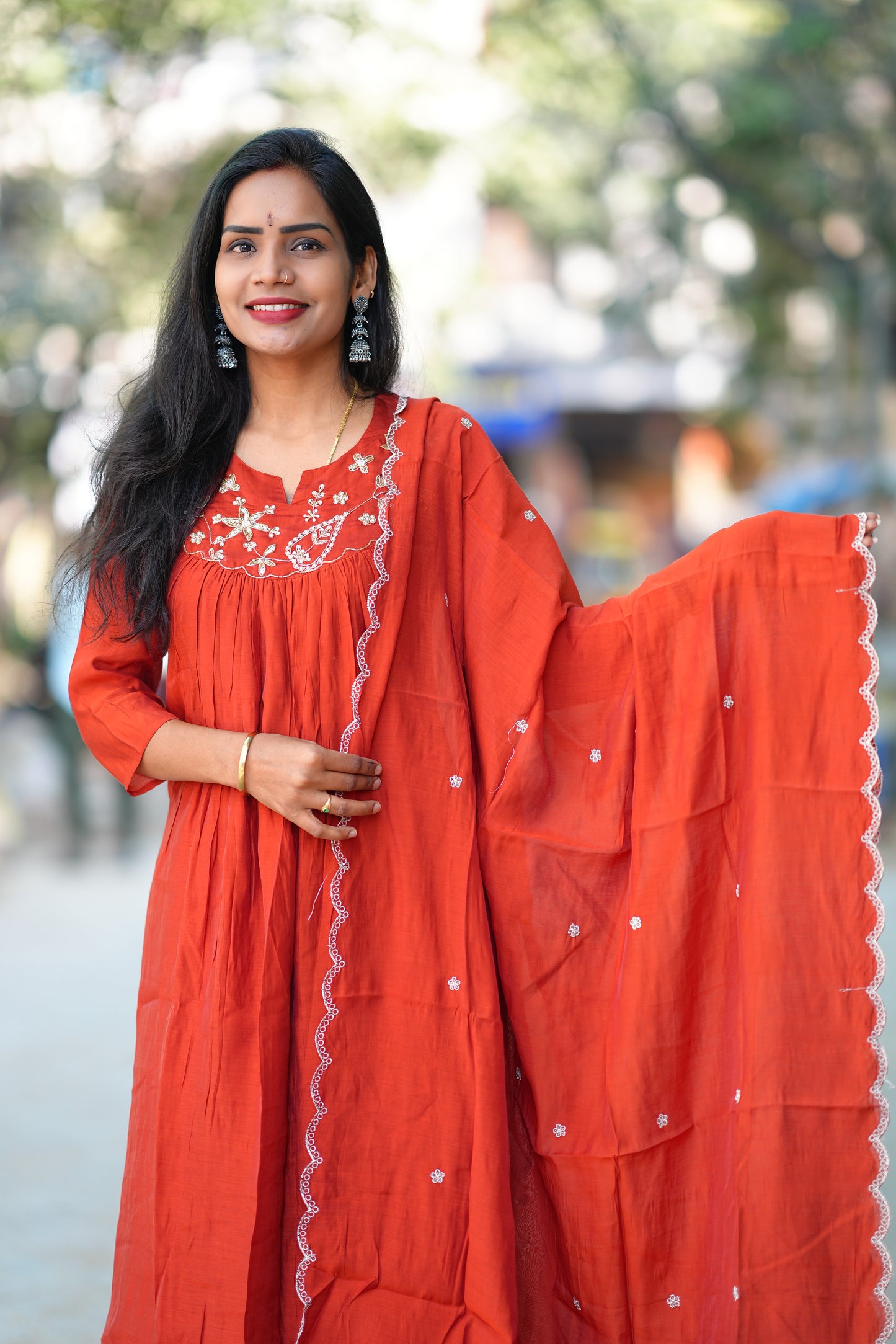 Brick Orange Color Mul chanderi 3 Piece Set With Maggam Work and Complete Lining