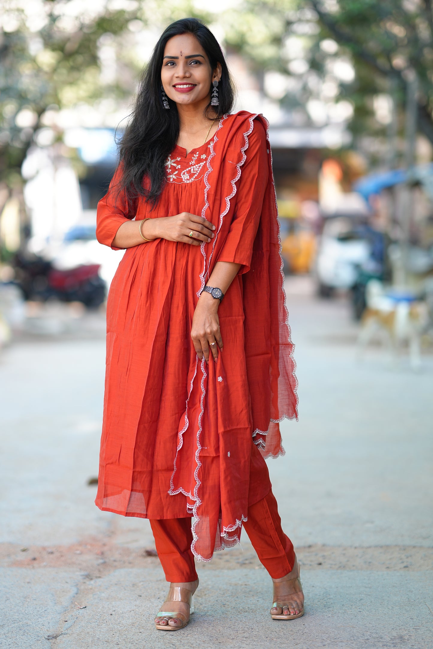 Brick Orange Color Mul chanderi 3 Piece Set With Maggam Work and Complete Lining