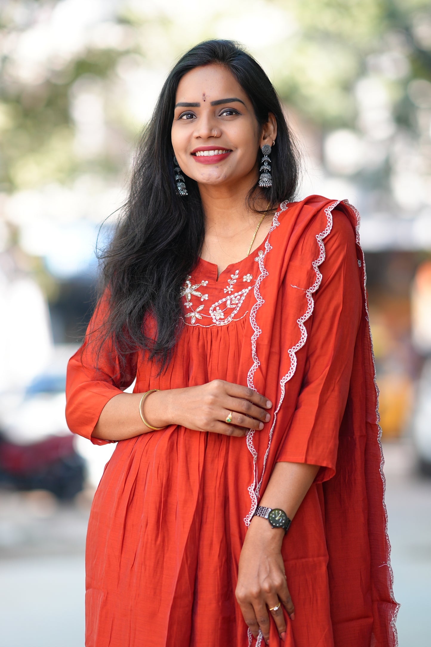 Brick Orange Color Mul chanderi 3 Piece Set With Maggam Work and Complete Lining
