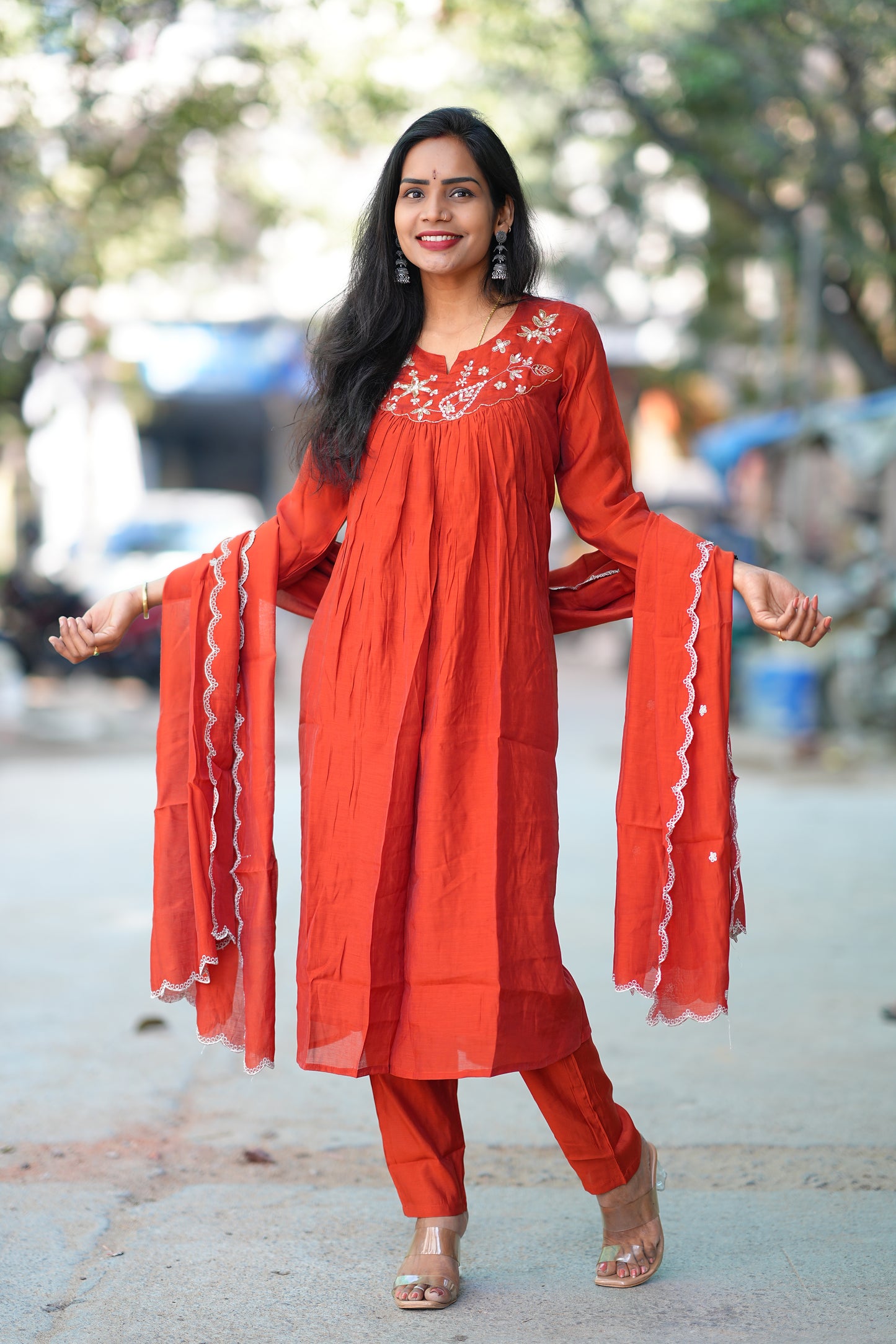 Brick Orange Color Mul chanderi 3 Piece Set With Maggam Work and Complete Lining
