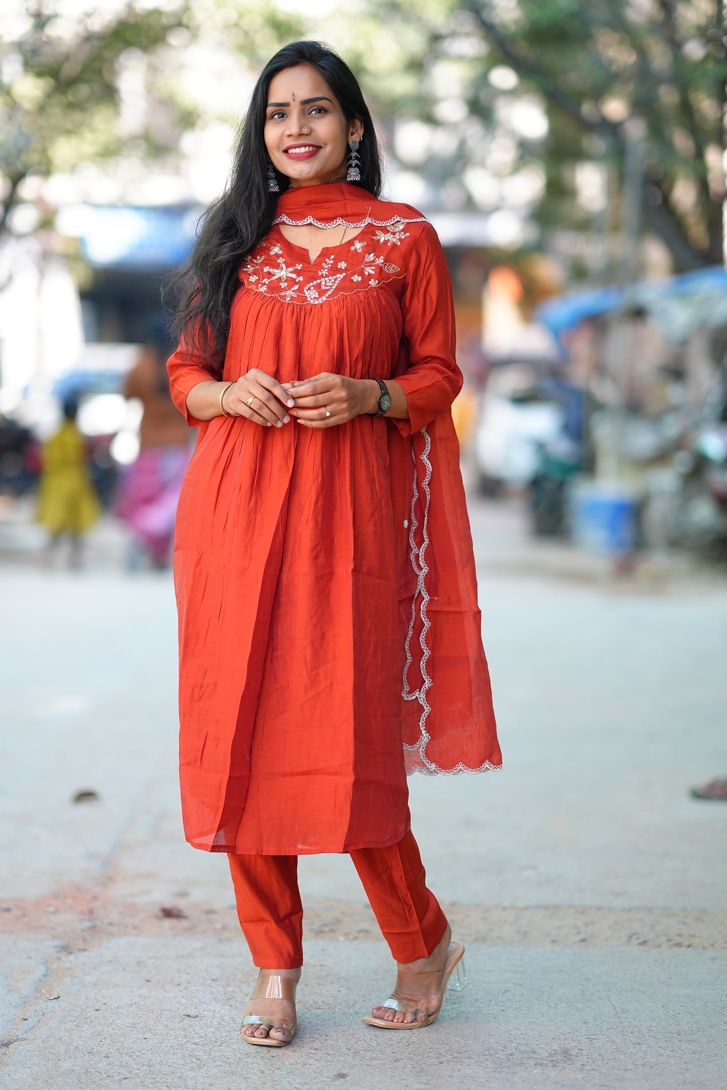 Brick Orange Color Mul chanderi 3 Piece Set With Maggam Work and Complete Lining