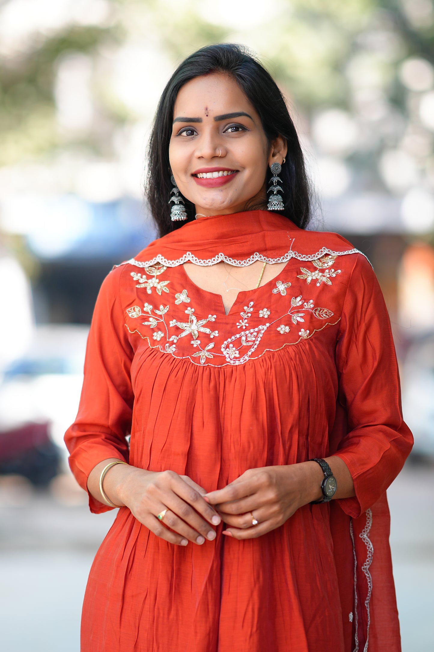 Brick Orange Color Mul chanderi 3 Piece Set With Maggam Work and Complete Lining