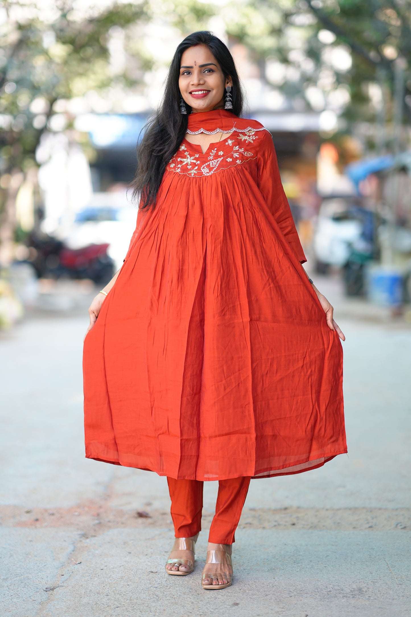 Brick Orange Color Mul chander 3 Piece Set With Complete Lining