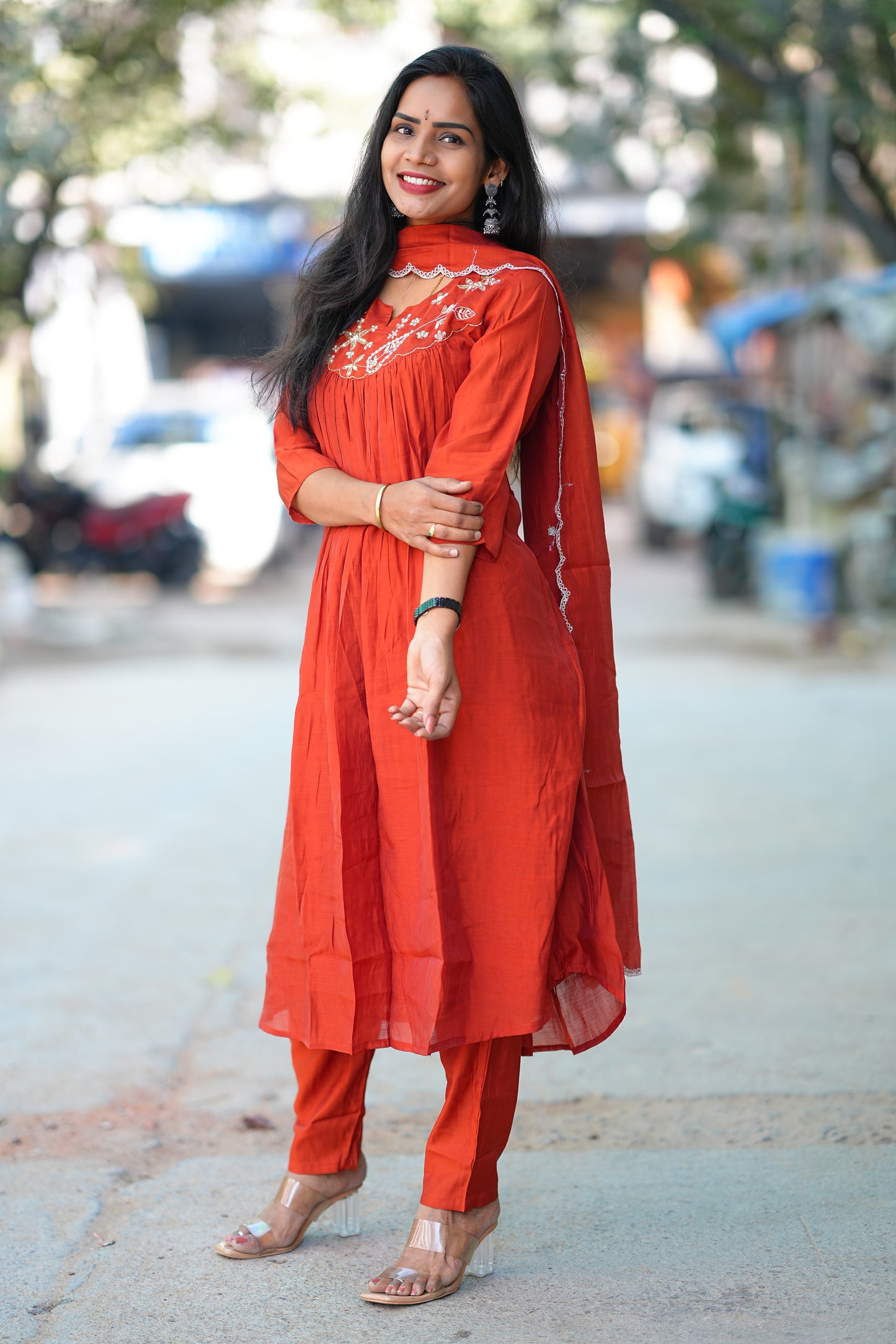 Brick Orange Color Mul chanderi 3 Piece Set With Maggam Work and Complete Lining