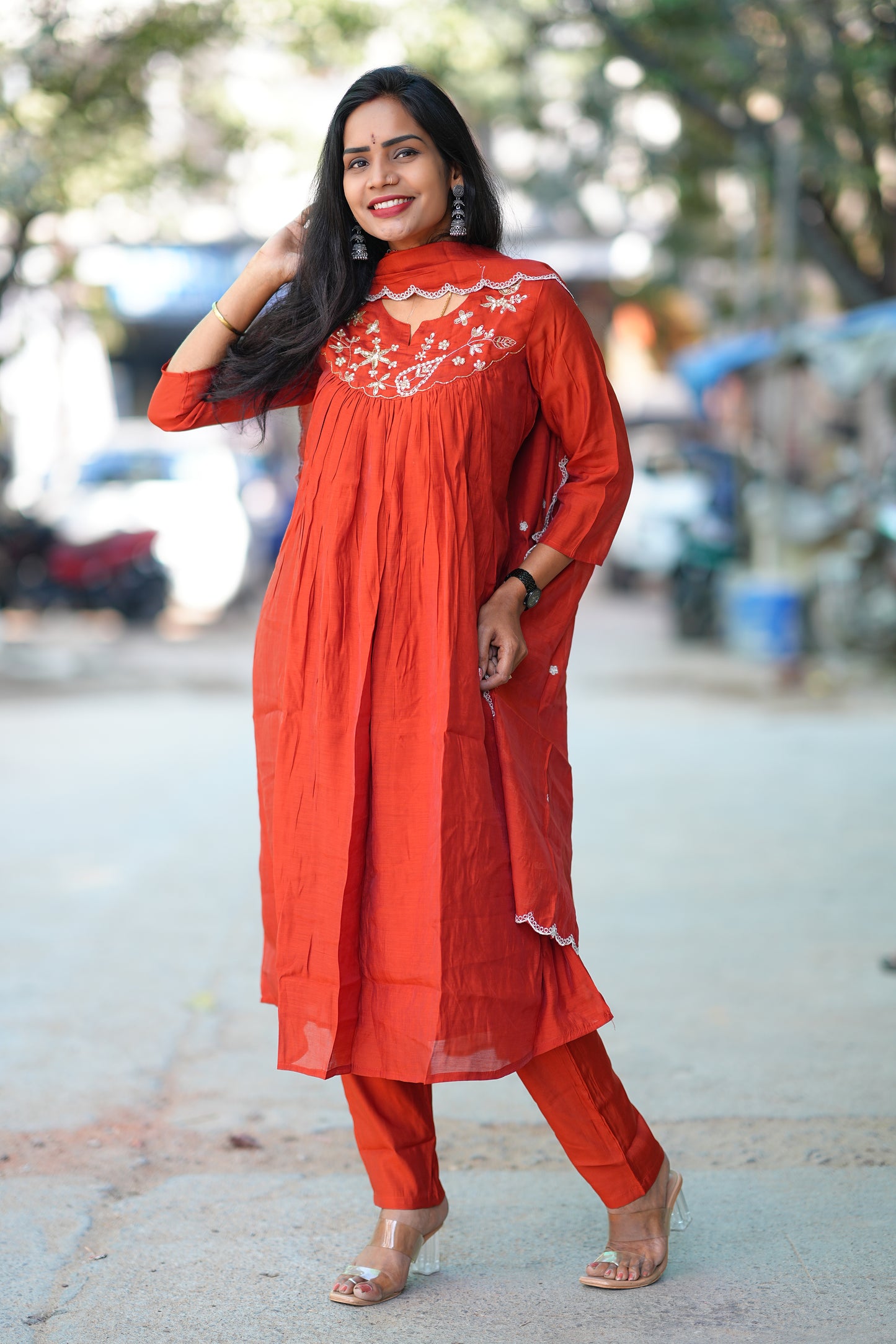 Brick Orange Color Mul chanderi 3 Piece Set With Maggam Work and Complete Lining
