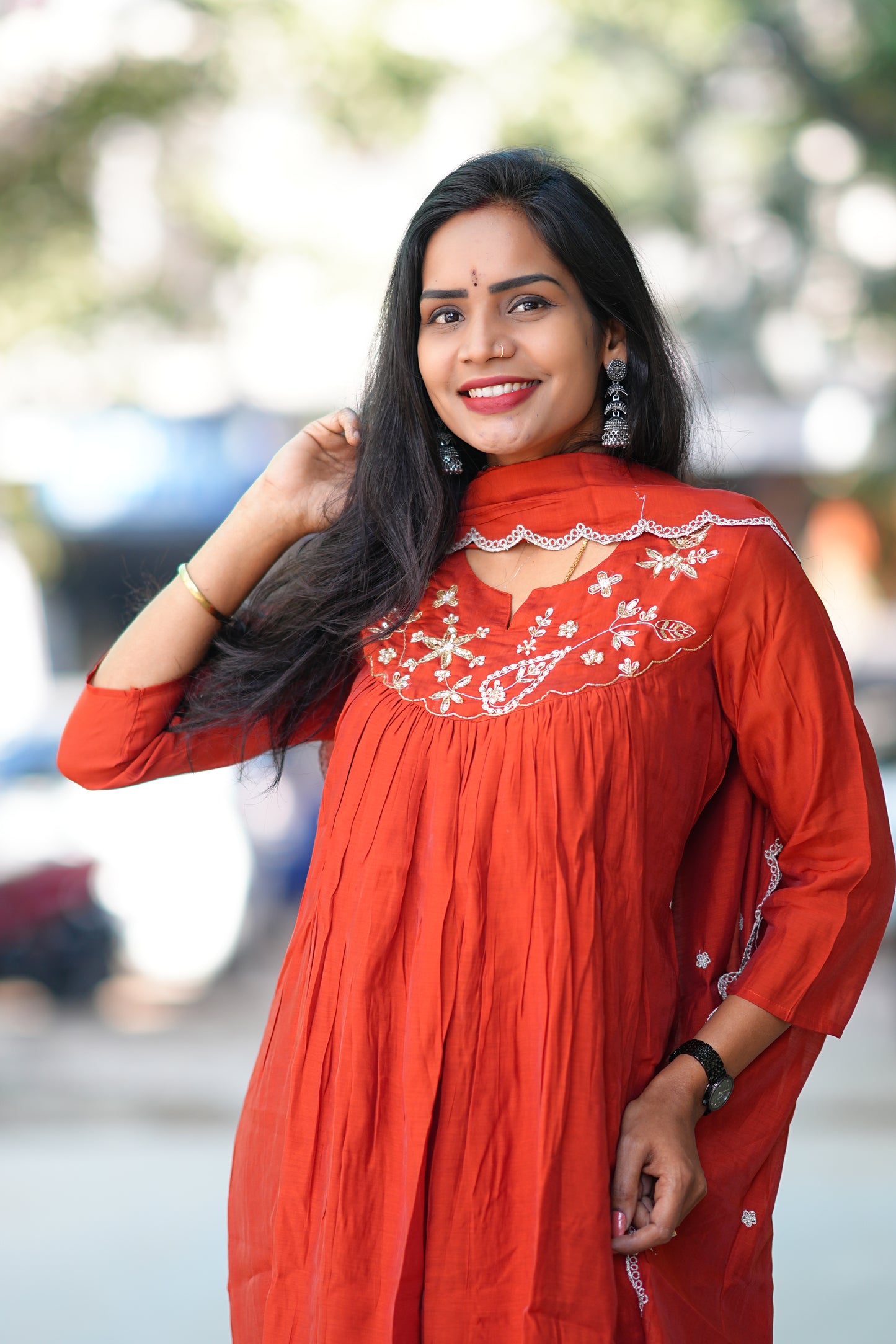 Brick Orange Color Mul chanderi 3 Piece Set With Maggam Work and Complete Lining