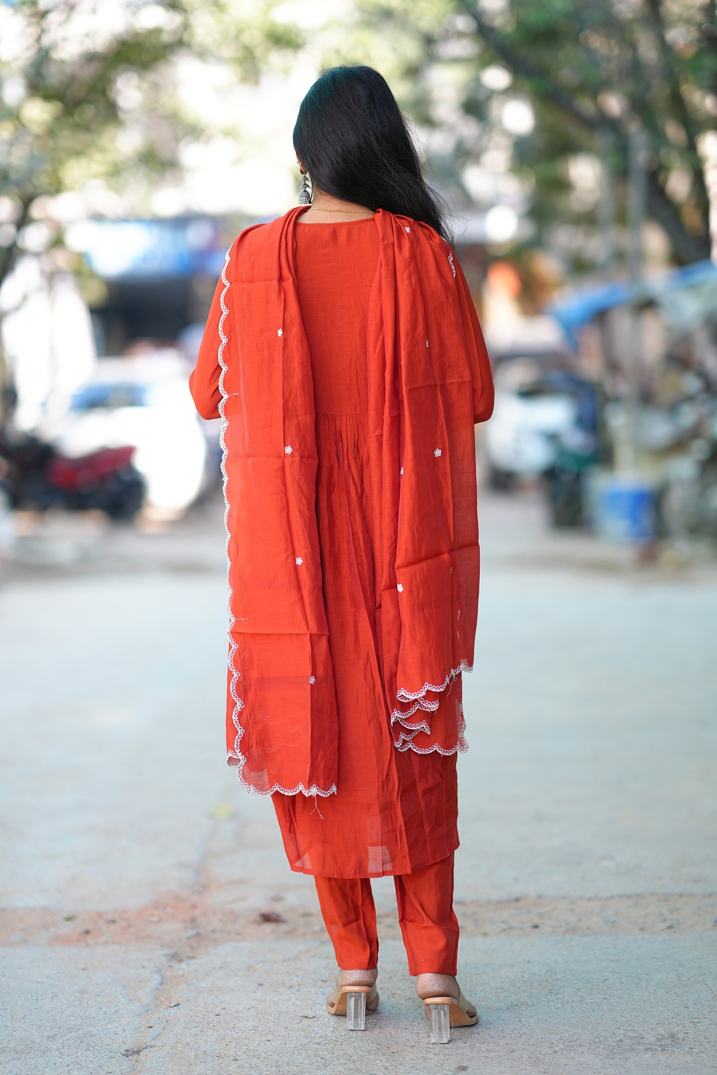 Brick Orange Color Mul chanderi 3 Piece Set With Maggam Work and Complete Lining