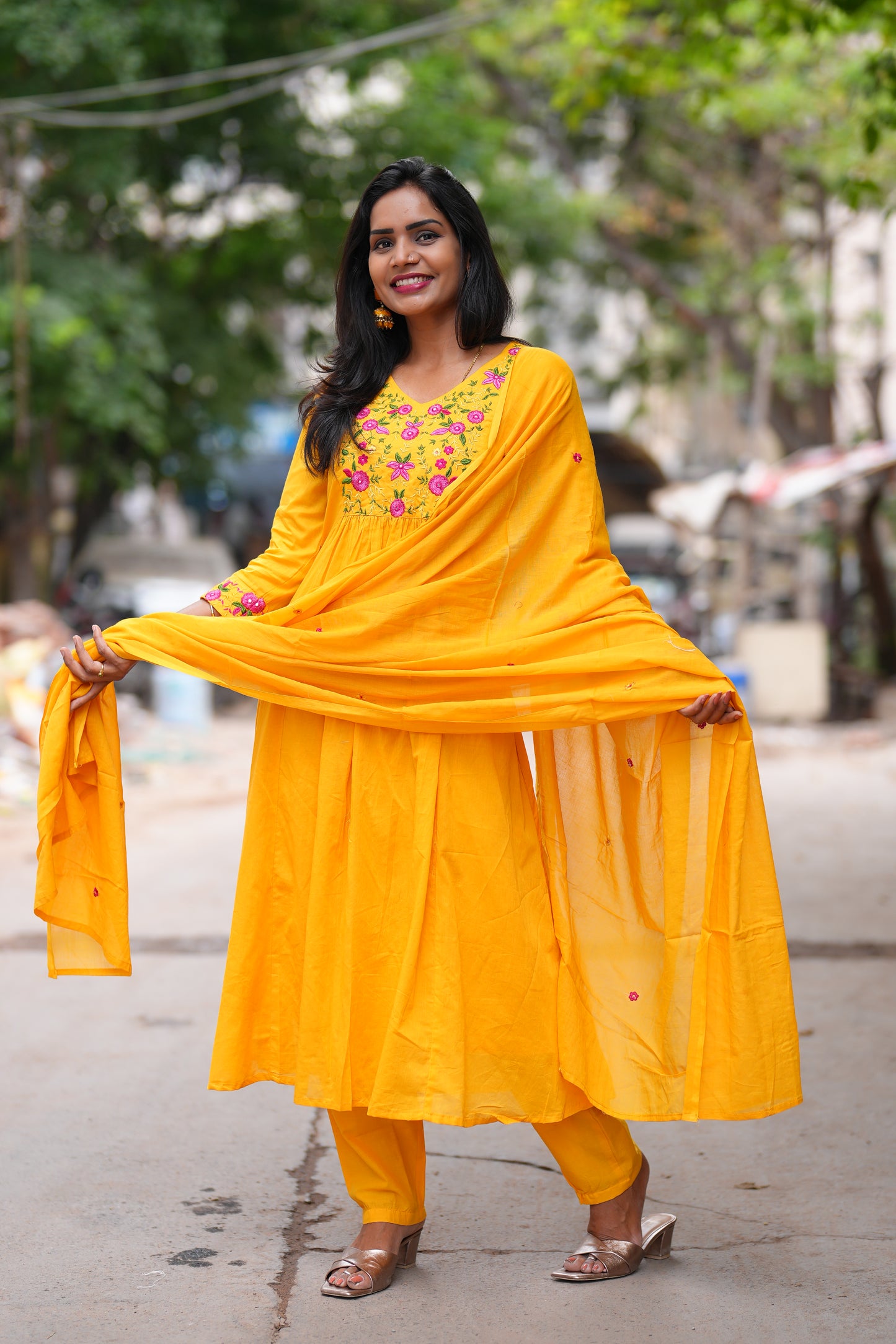 Yellow Color Mul Cotton 3 Piece Set With Complete Lining