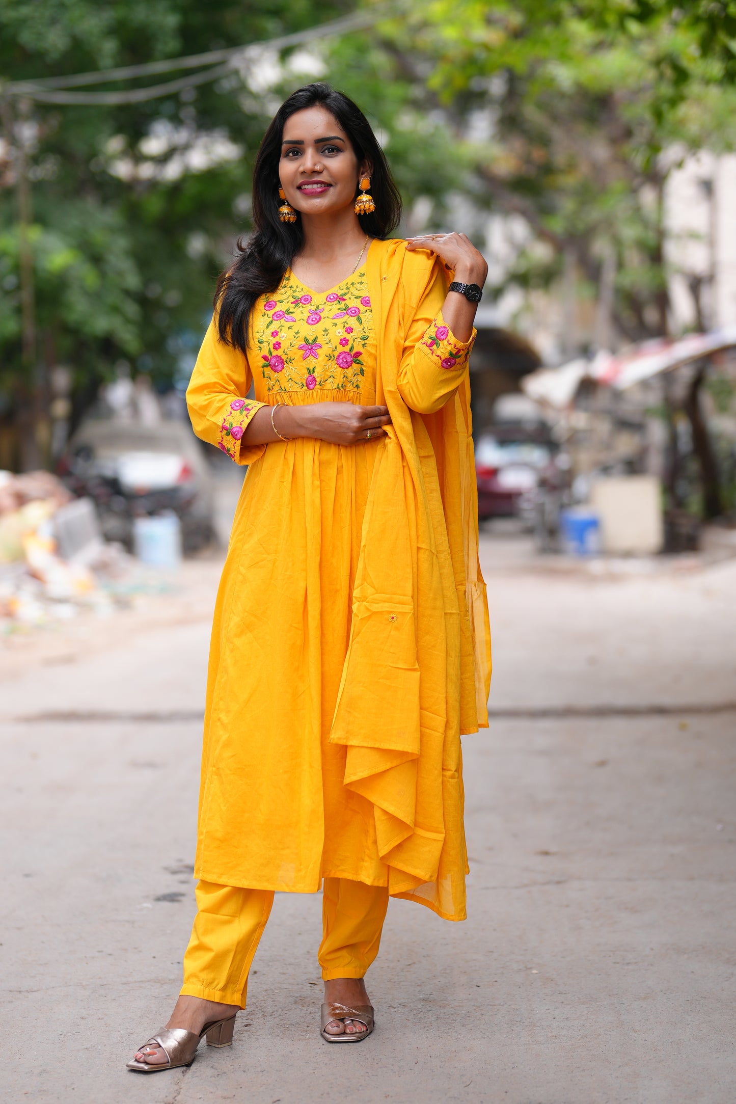 Yellow Color Mul Cotton 3 Piece Set With Complete Lining