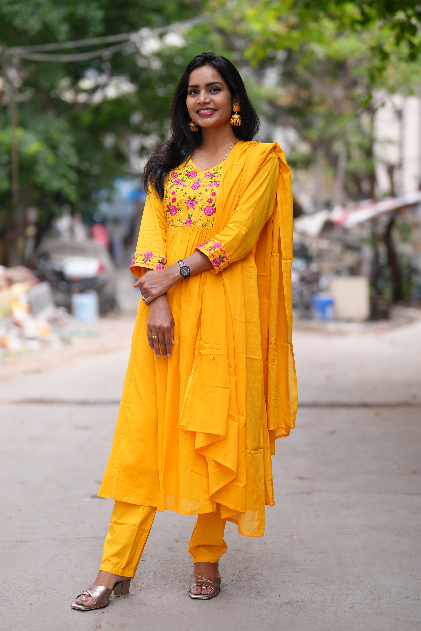 Yellow Color Mul Cotton 3 Piece Set With Complete Lining