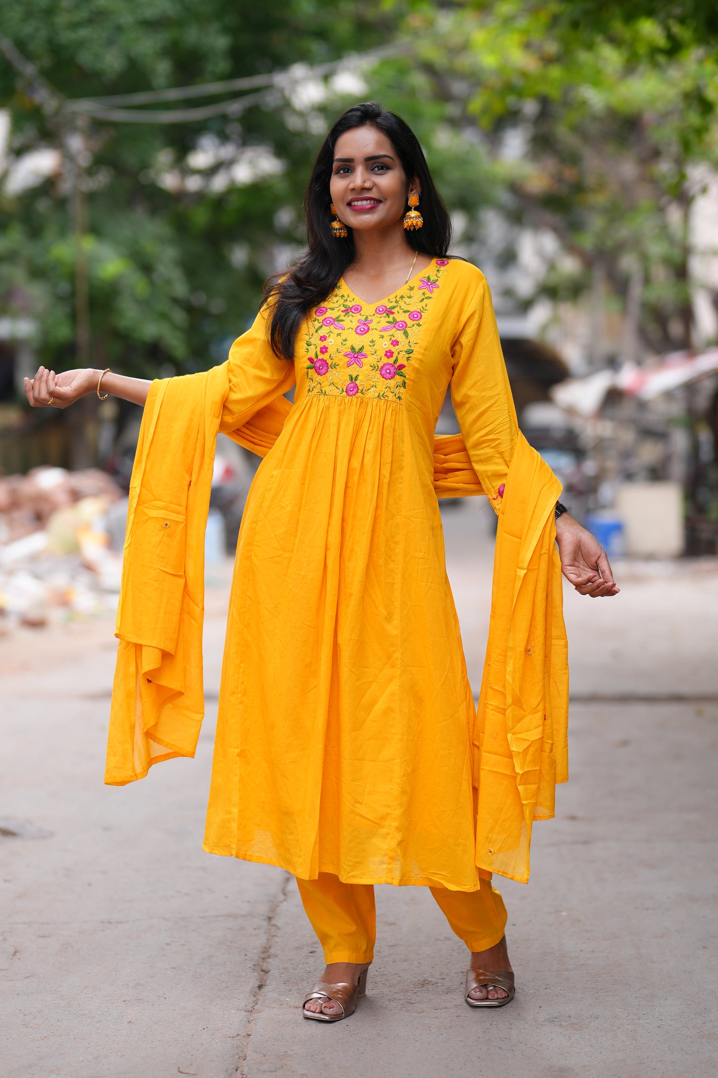 Yellow Color Mul Cotton 3 Piece Set With Complete Lining