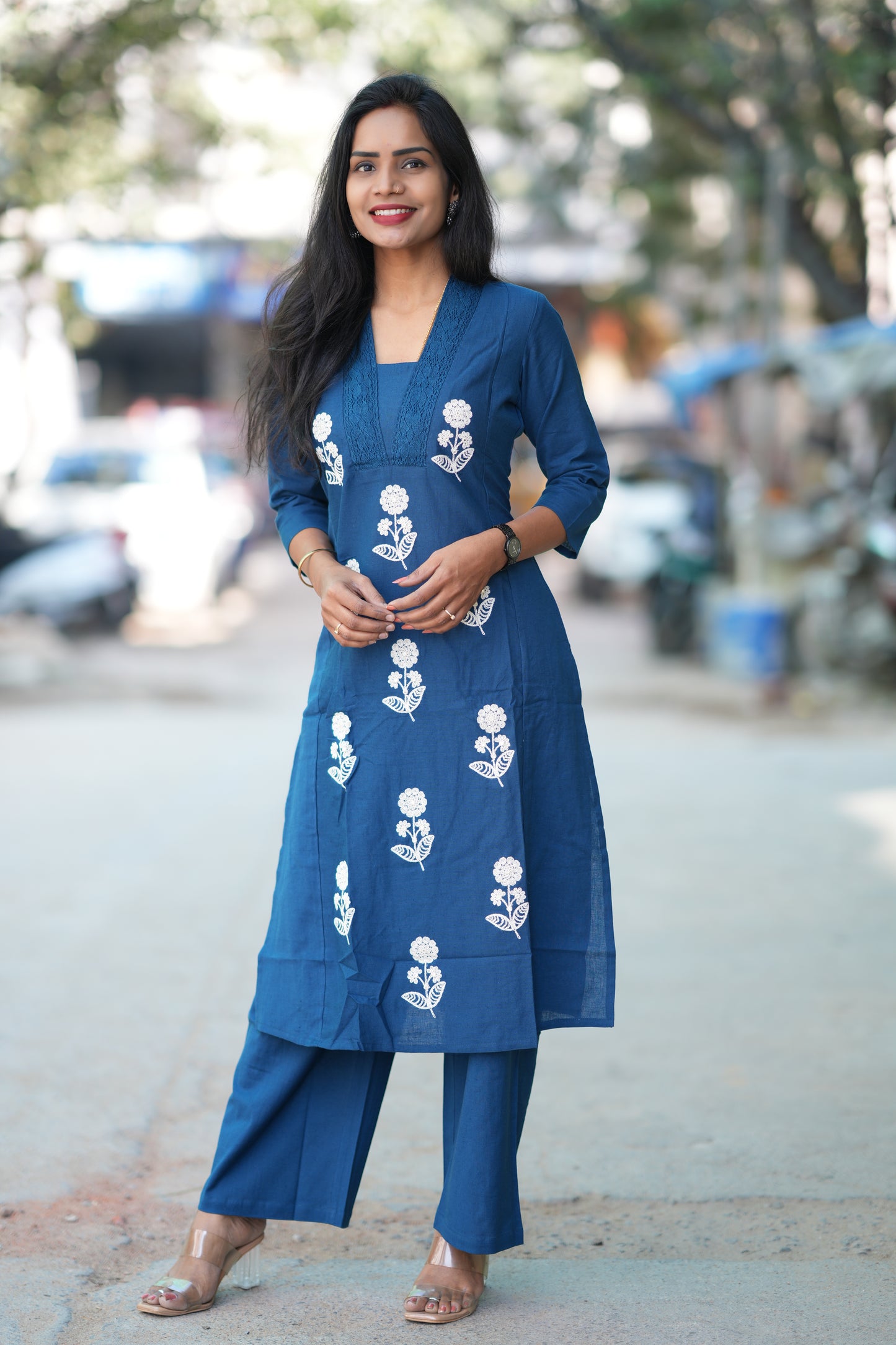 Royal Blue Slub Cotton Office Wear Coord Set With Thread Embroidery work