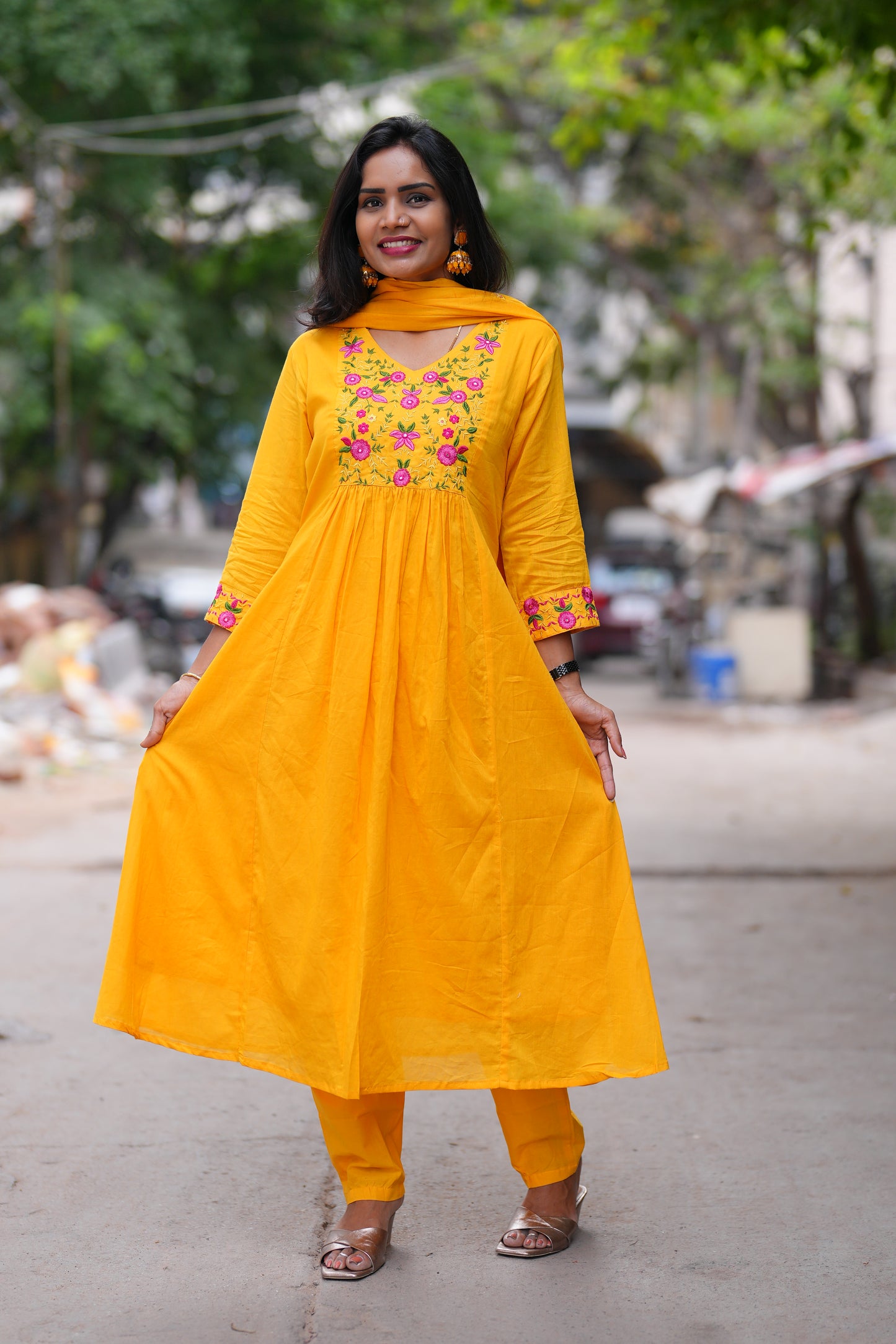 Yellow Color Mul Cotton 3 Piece Set With Complete Lining