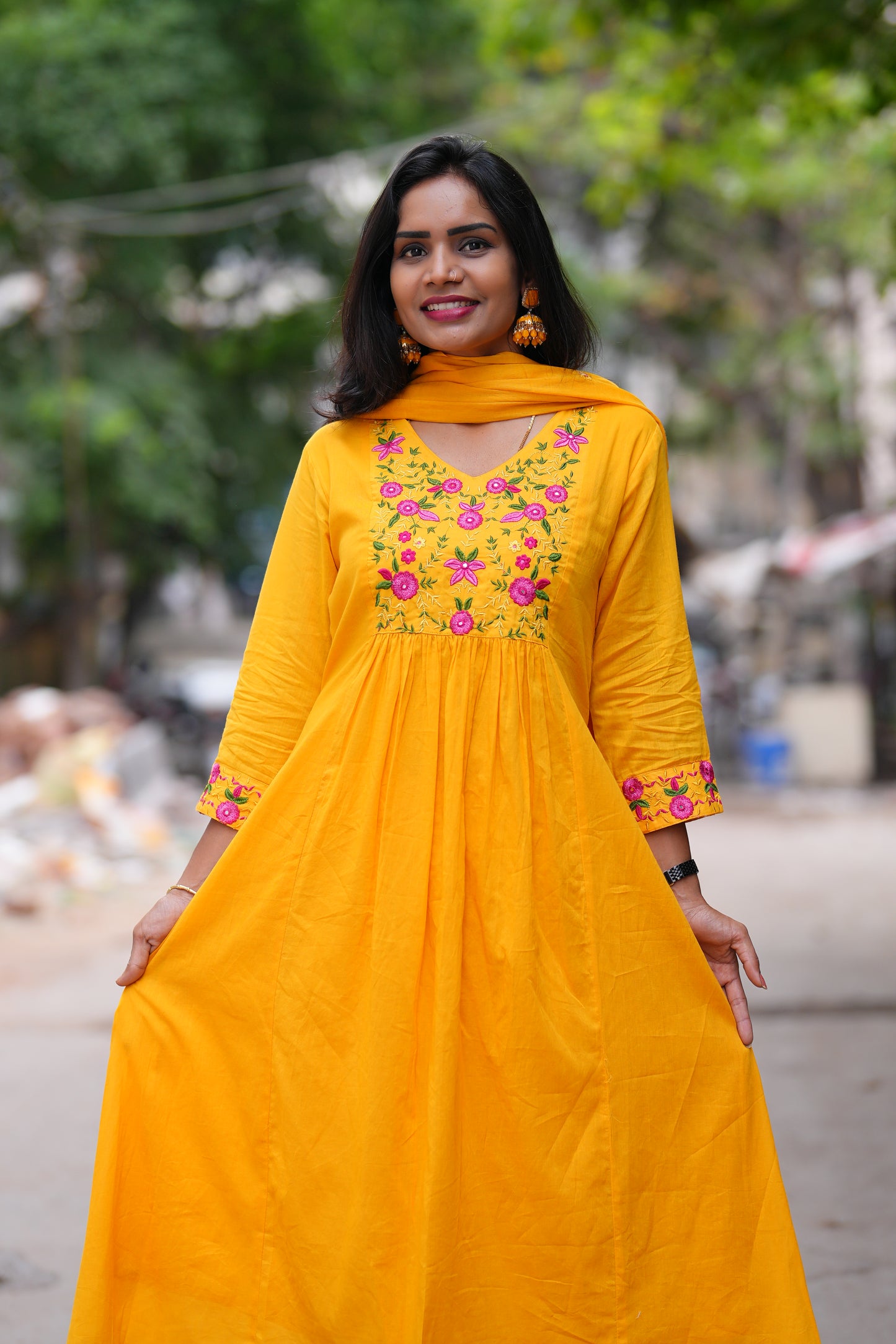 Yellow Color Mul Cotton 3 Piece Set With Complete Lining