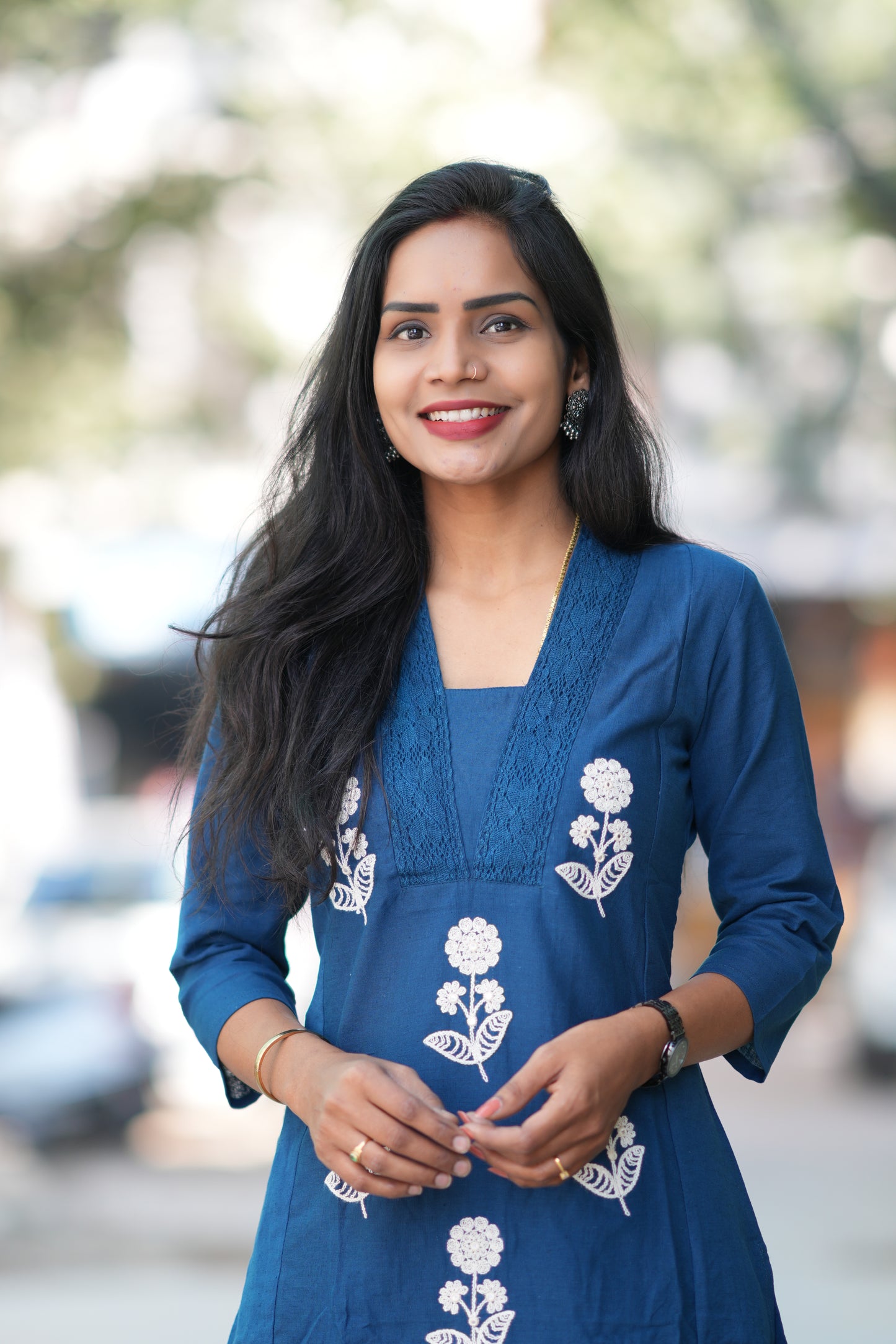 Royal Blue Slub Cotton Office Wear Coord Set With Thread Embroidery work