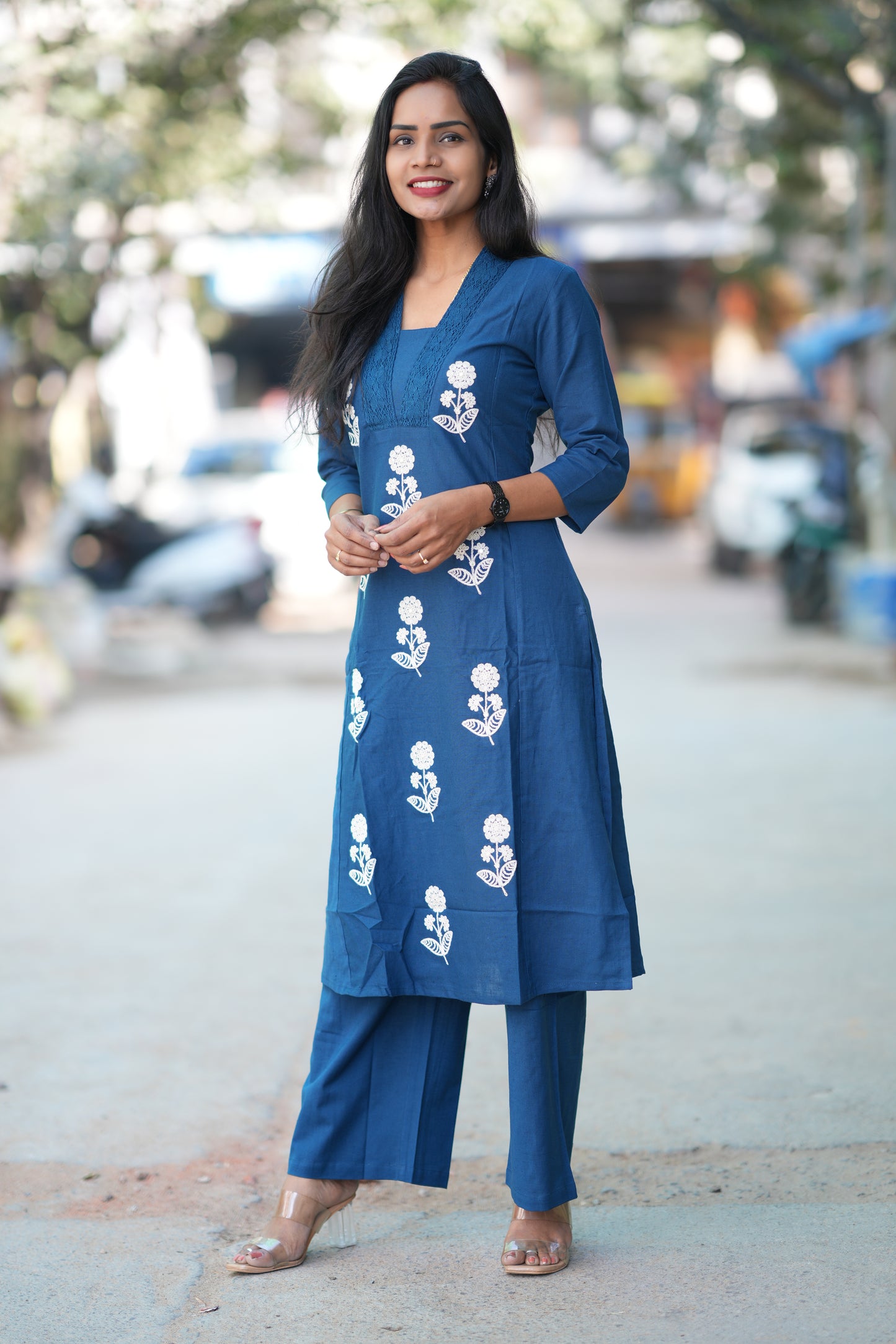 Royal Blue Slub Cotton Office Wear Coord Set With Thread Embroidery work