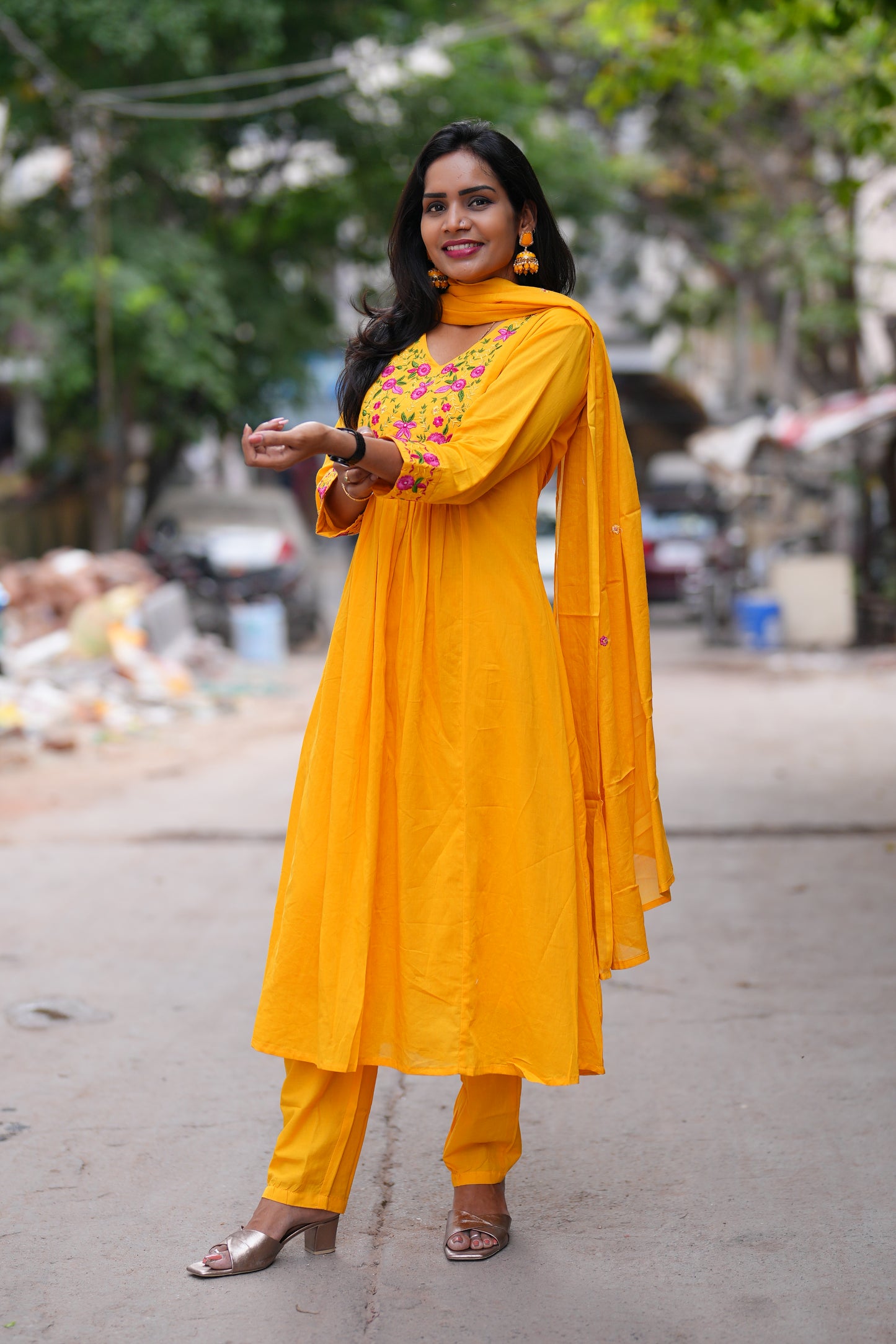 Yellow Color Mul Cotton 3 Piece Set With Complete Lining