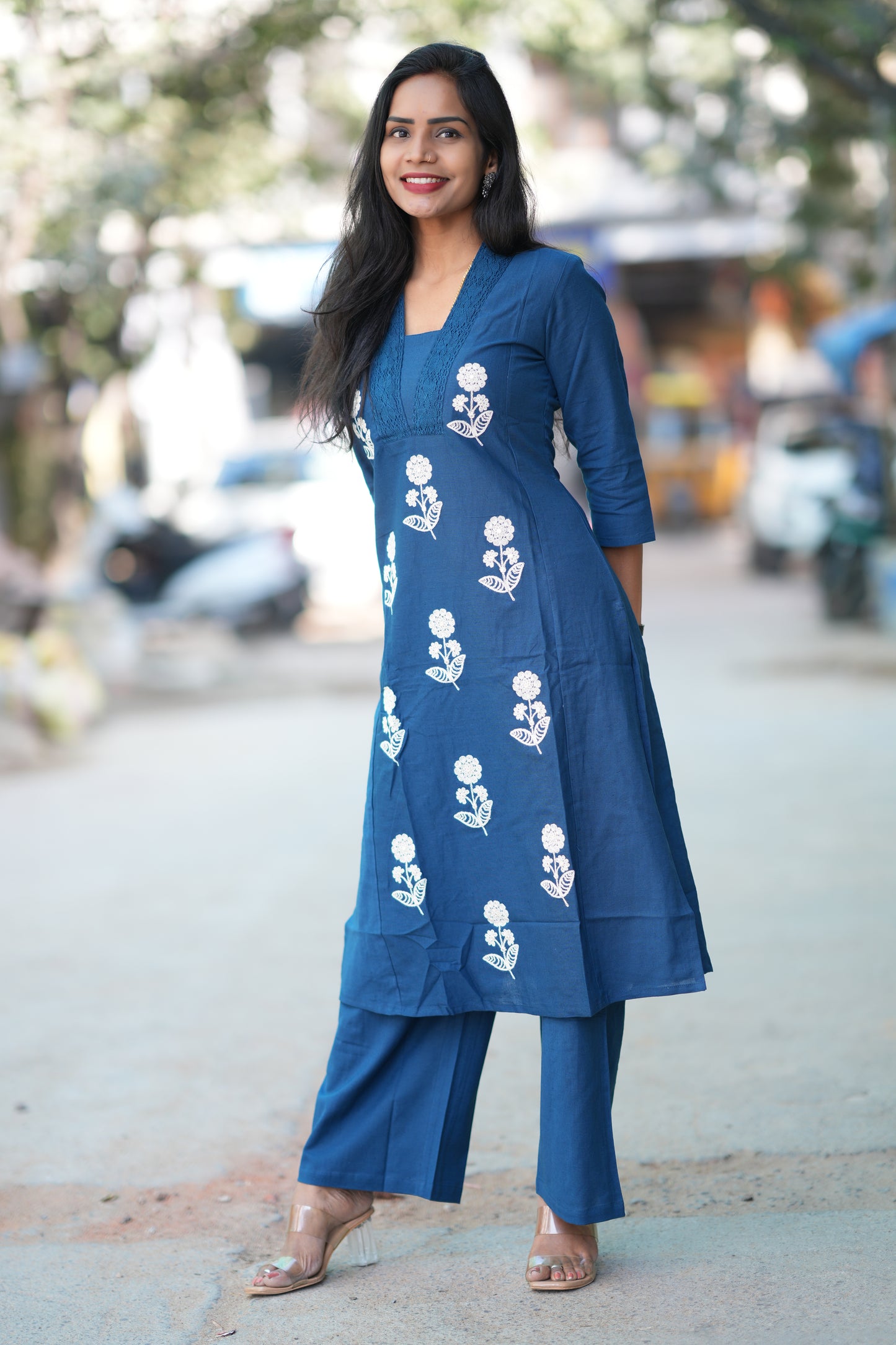 Royal Blue Slub Cotton Office Wear Coord Set With Thread Embroidery work