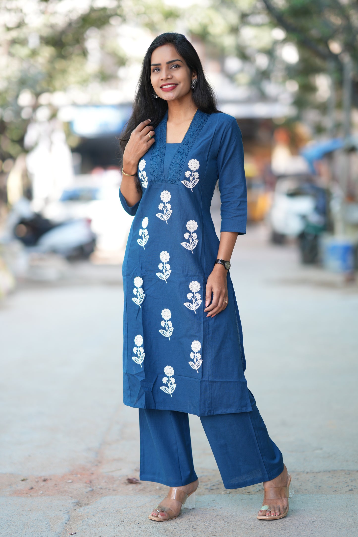 Royal Blue Slub Cotton Office Wear Coord Set With Thread Embroidery work