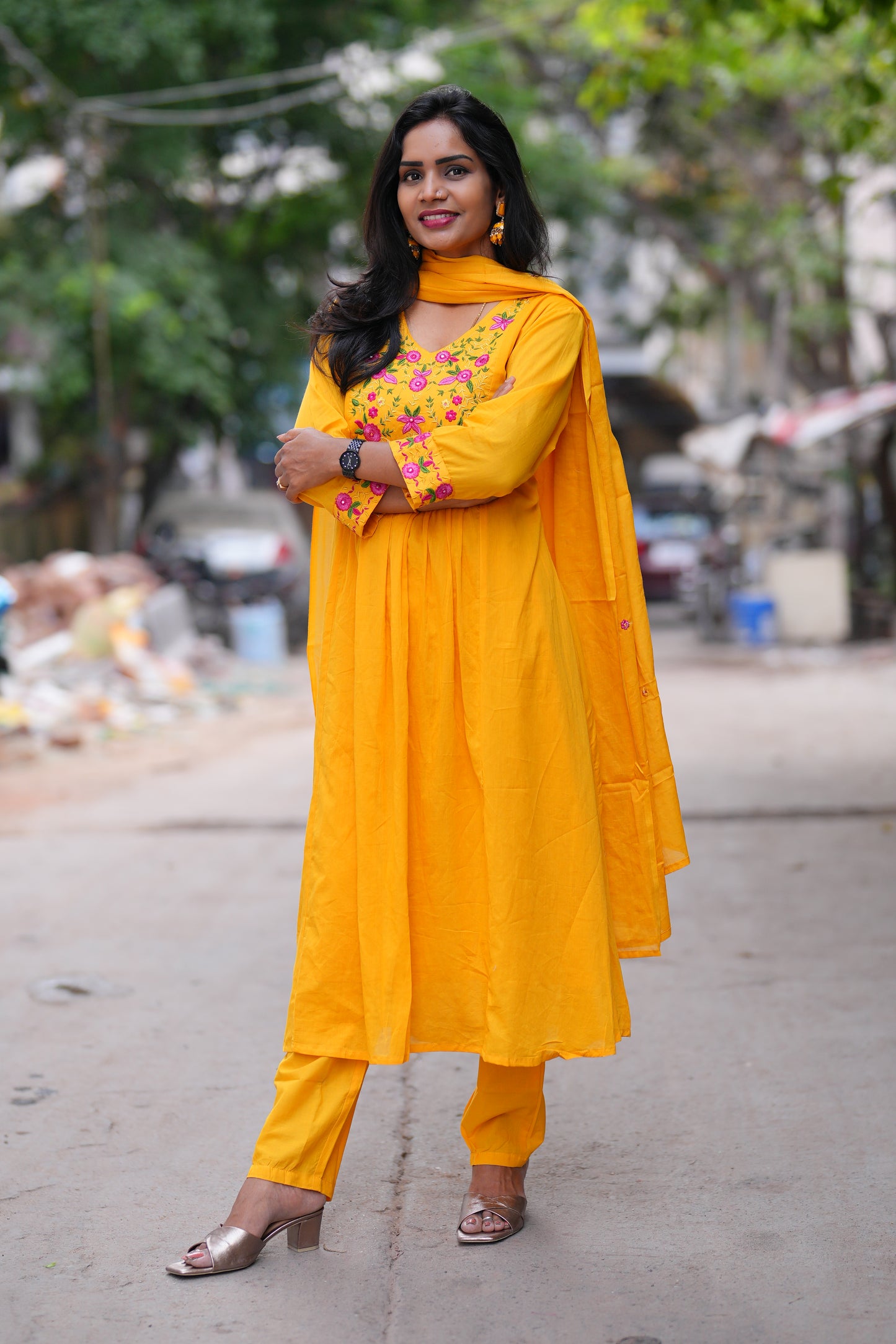 Yellow Color Mul Cotton 3 Piece Set With Complete Lining