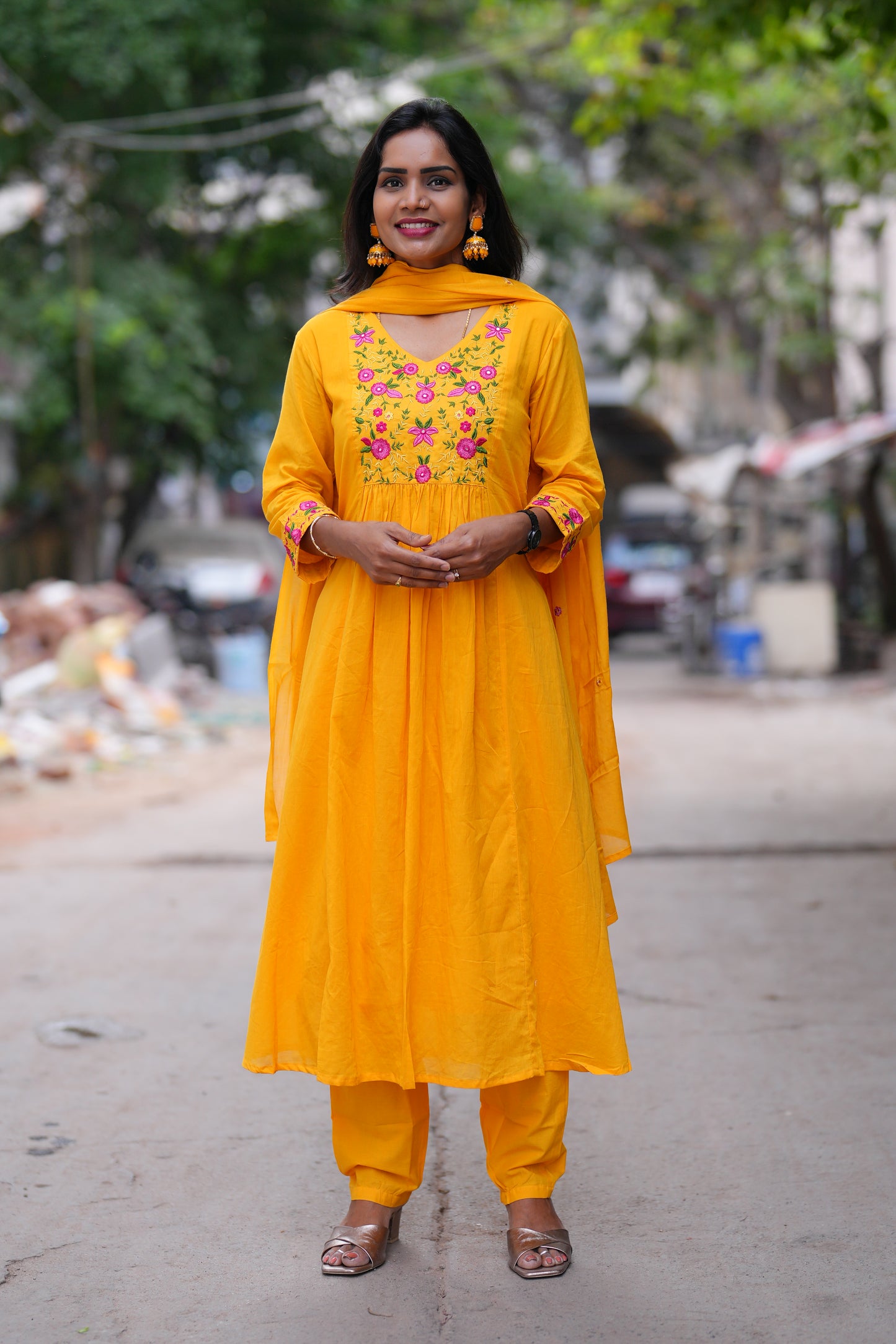 Yellow Color Mul Cotton 3 Piece Set With Complete Lining