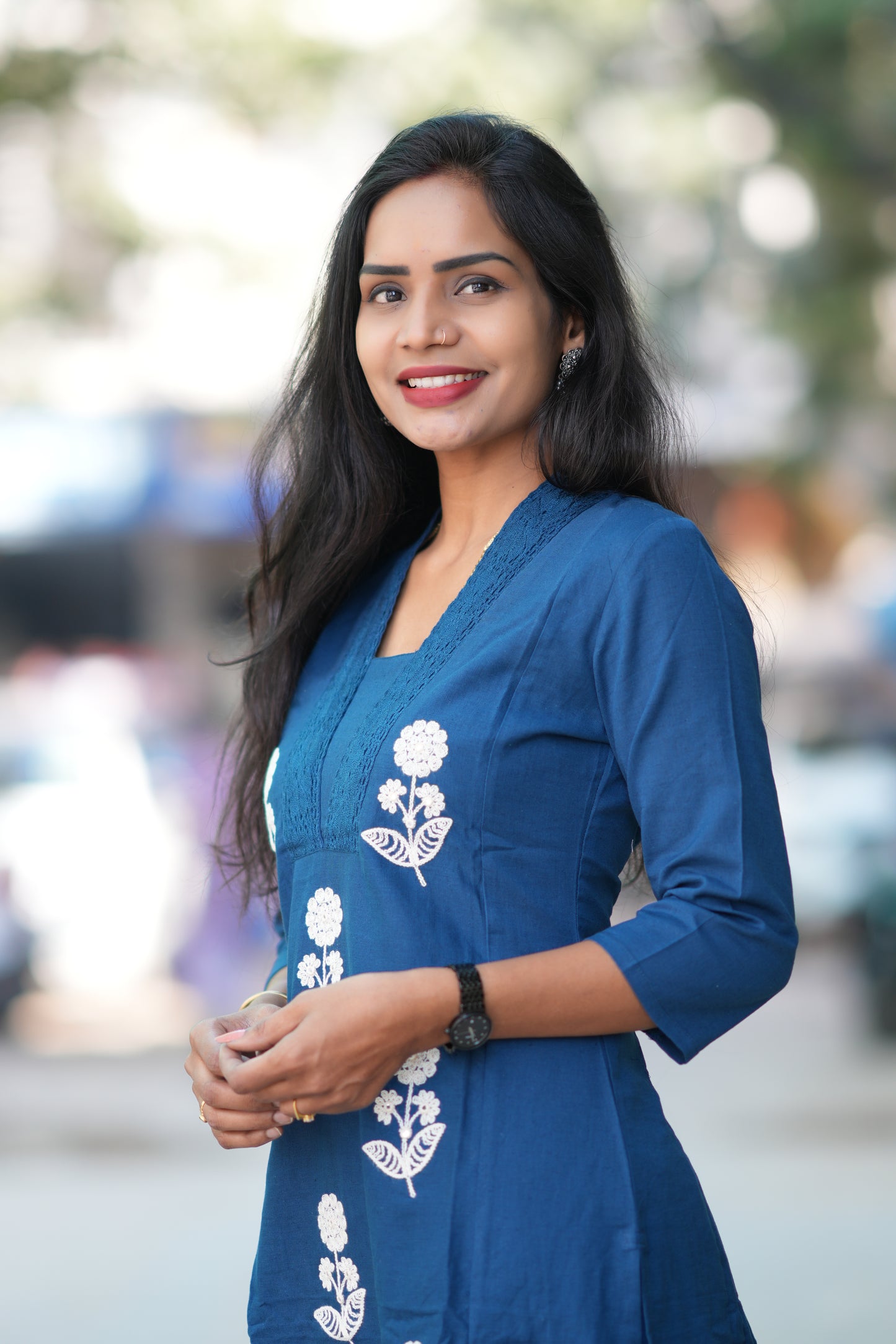 Royal Blue Slub Cotton Office Wear Coord Set With Thread Embroidery work