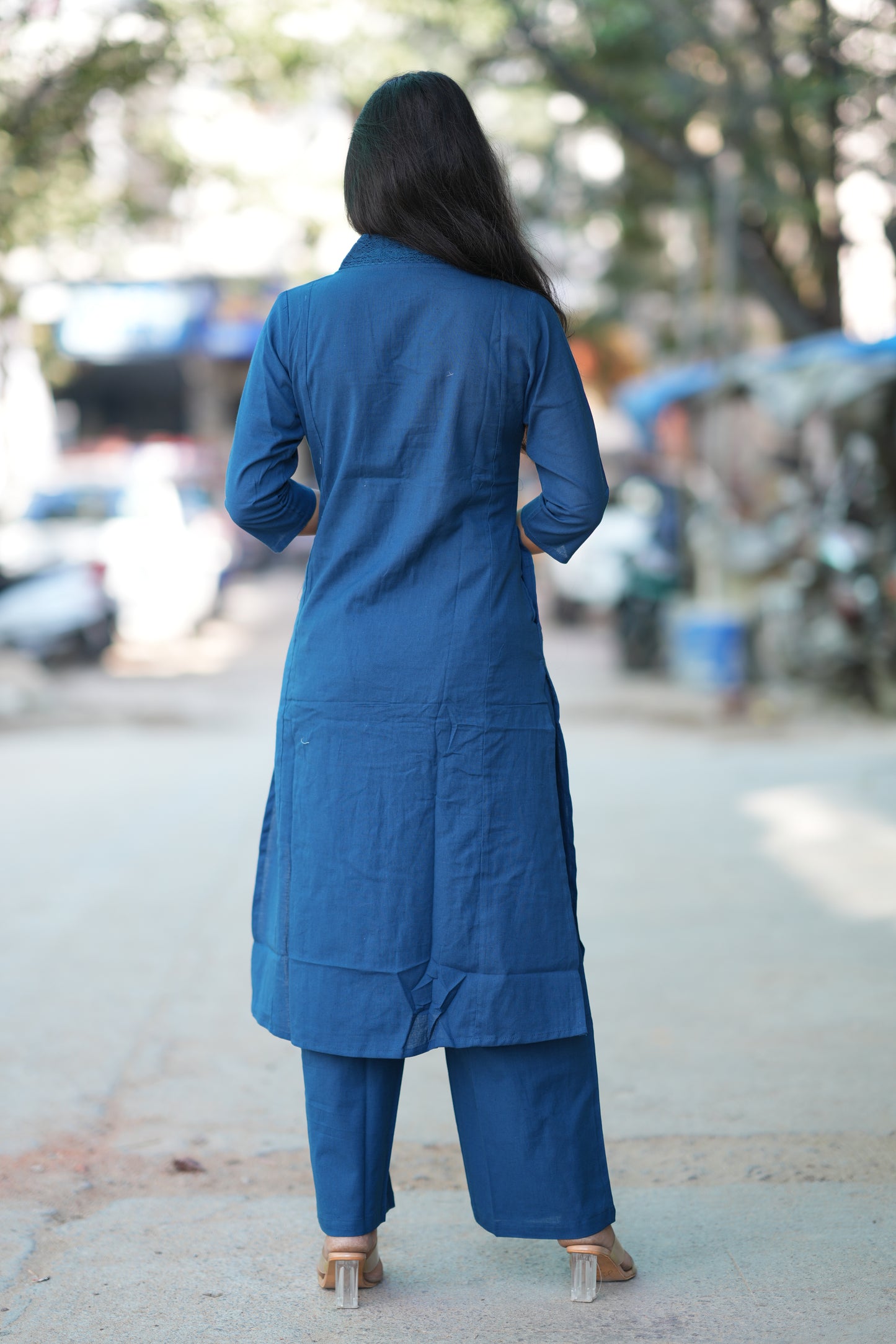 Royal Blue Slub Cotton Office Wear Coord Set With Thread Embroidery work