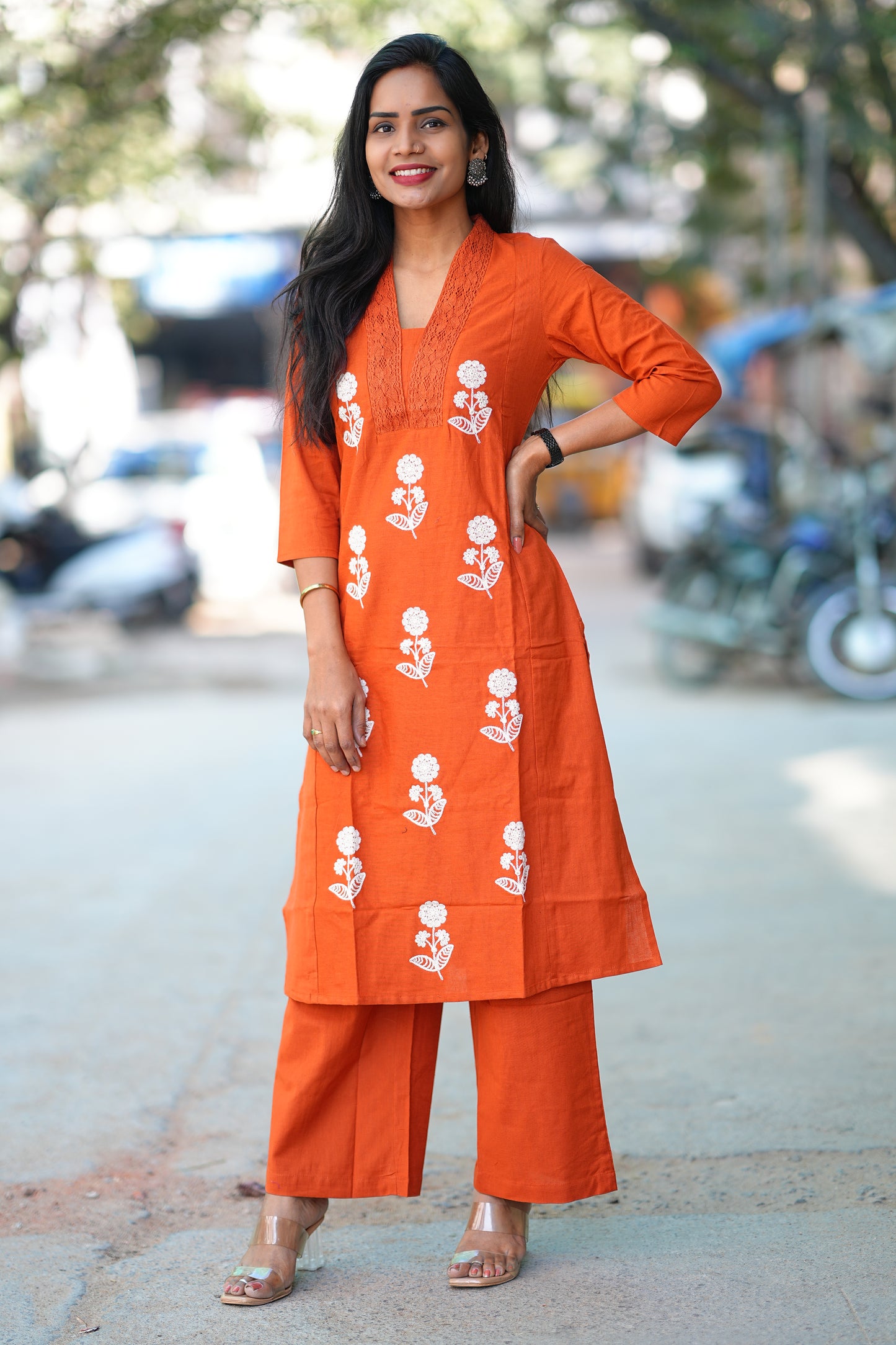 Orange Color Slub Cotton Office Wear Coord Set With Thread Embroidery work