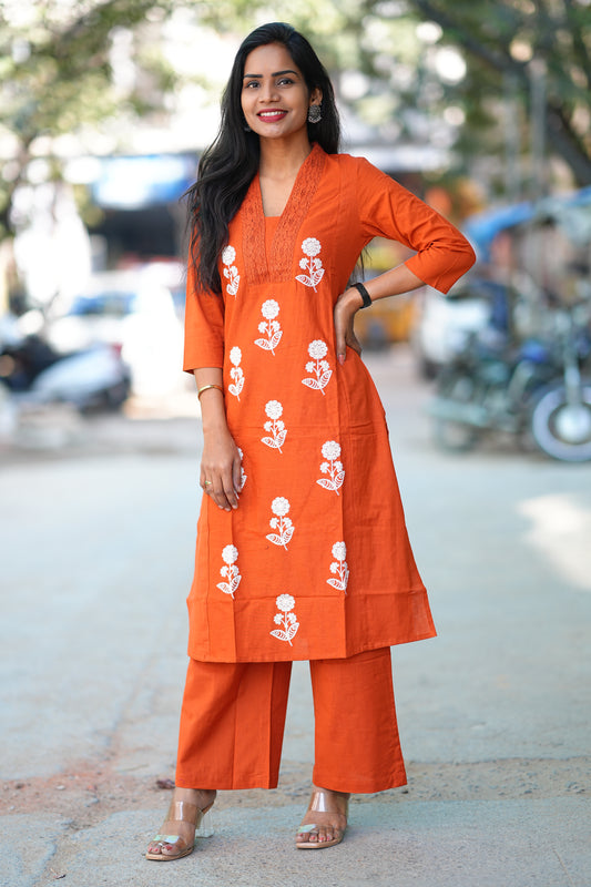 Orange Color Jaipur Flex Cotton Cord Set With Embroidery work