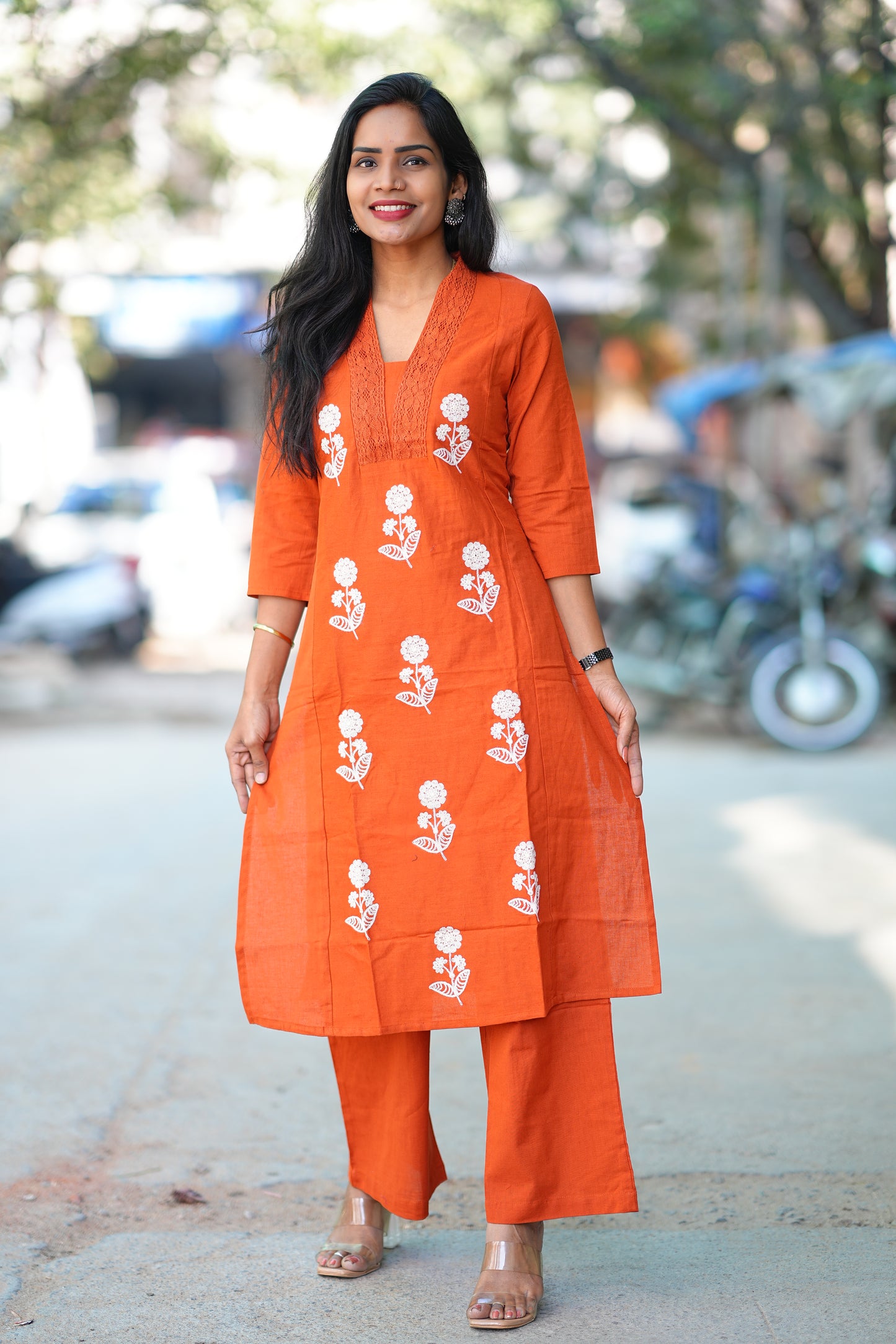 Orange Color Slub Cotton Office Wear Coord Set With Thread Embroidery work