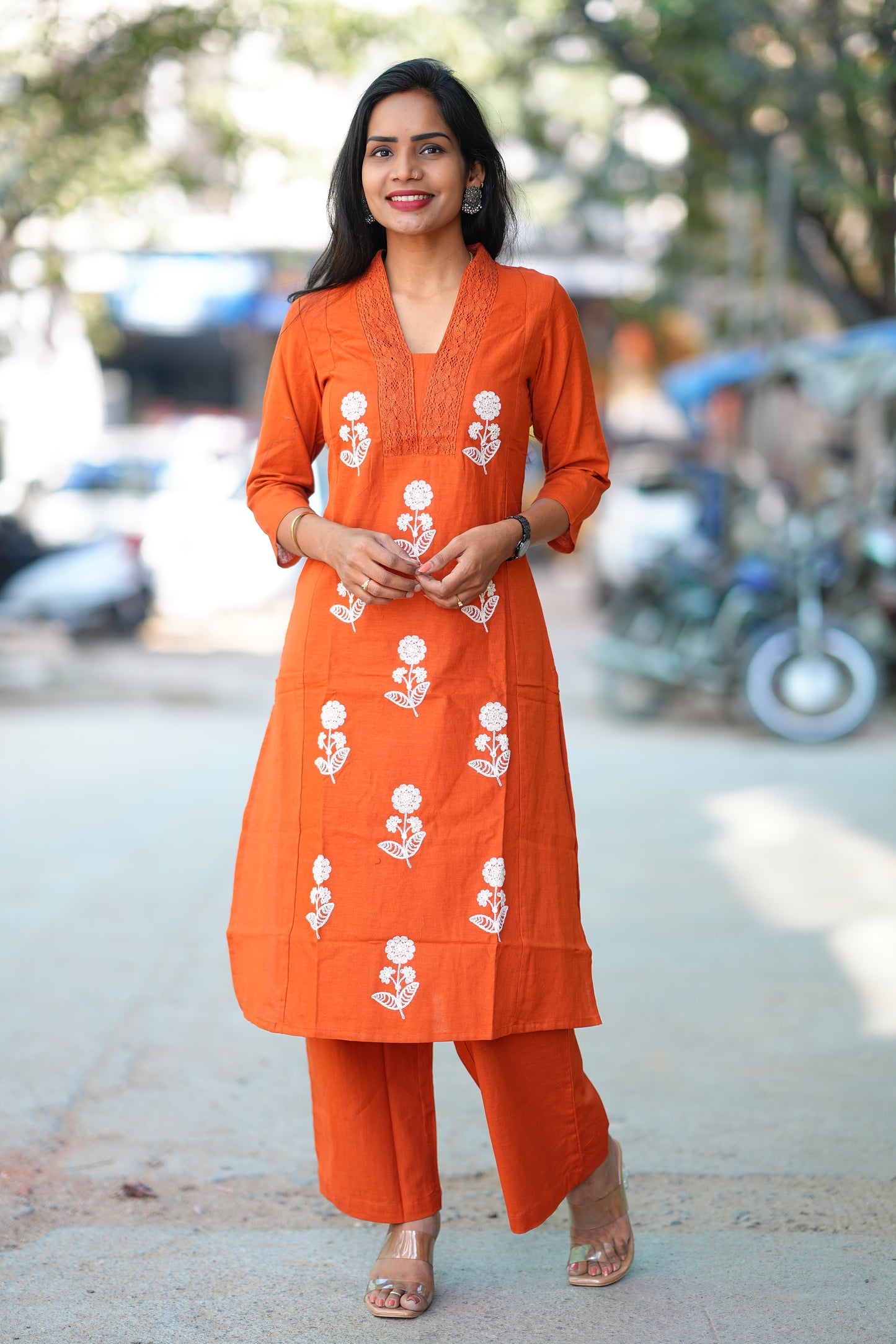 Orange Color Slub Cotton Office Wear Coord Set With Thread Embroidery work