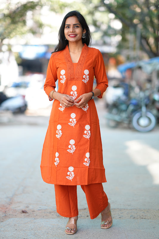 Orange Color Slub Cotton Office Wear Coord Set With Thread Embroidery work