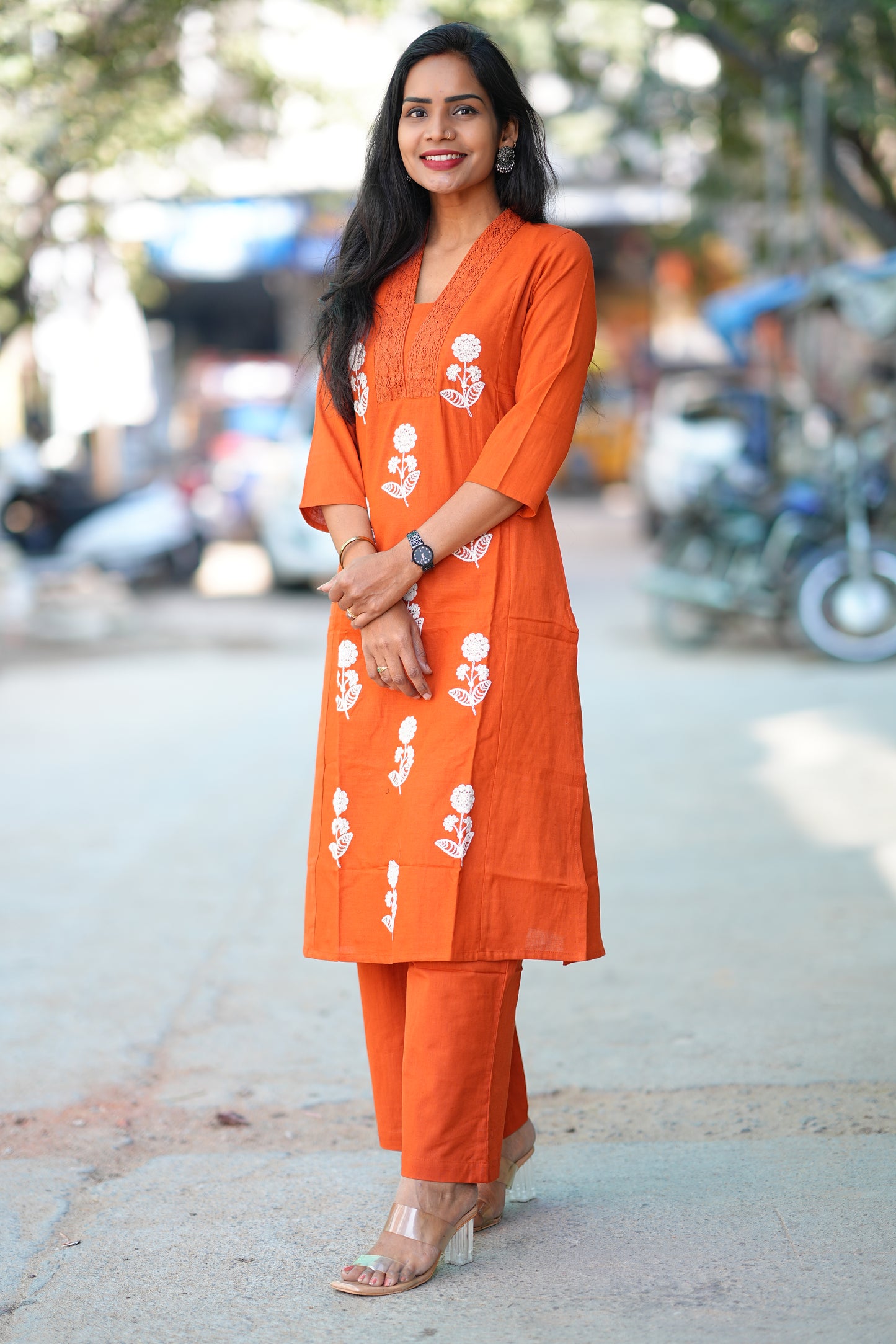 Orange Color Slub Cotton Office Wear Coord Set With Thread Embroidery work