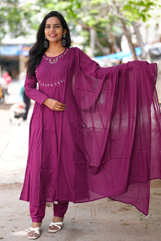 Burgundy Color Heavy Mul Cotton 3 Piece Set With Full Lining