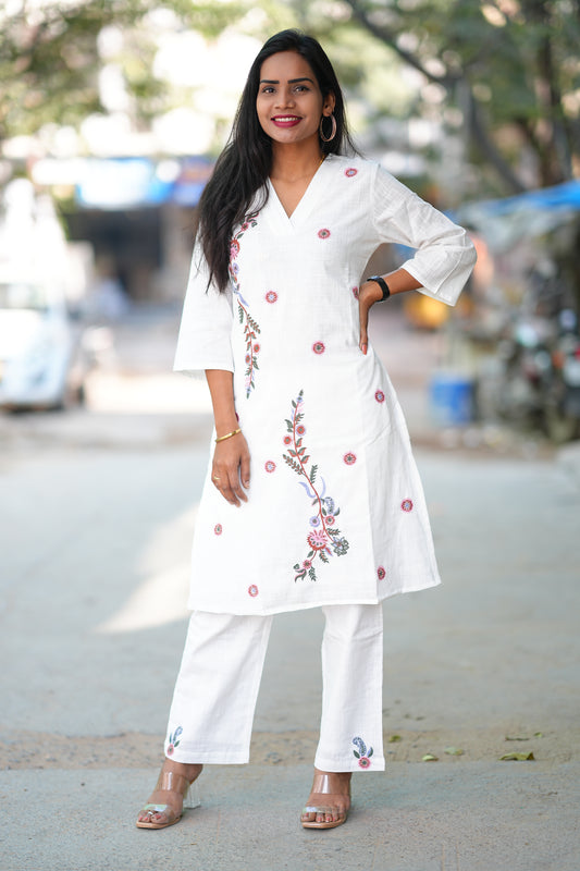 White Color Beautiful Cord Set With Embroidery Work and Complete Lining