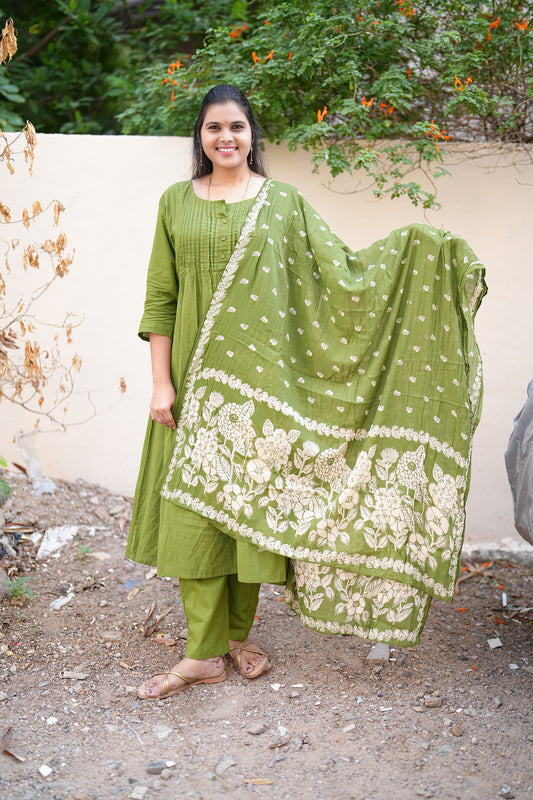 Beautiful Jaipur Cotton Green Color A Line Three Piece Set
