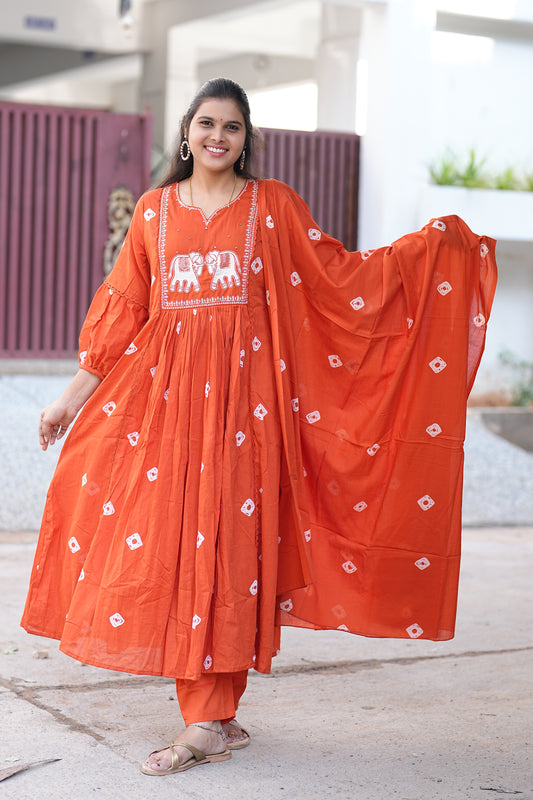 Beautiful Orange Mul Mul Cotton Elephant Work Three Piece Set With Complete Lining