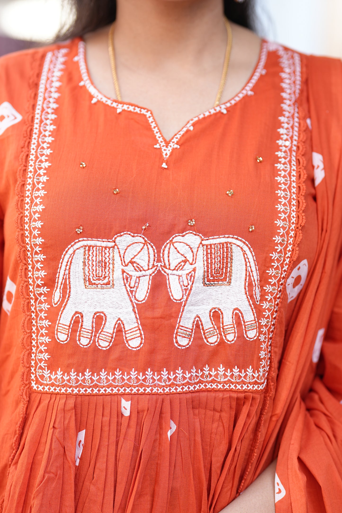 Beautiful Orange Mul Mul Cotton Elephant Work Three Piece Set With Complete Lining