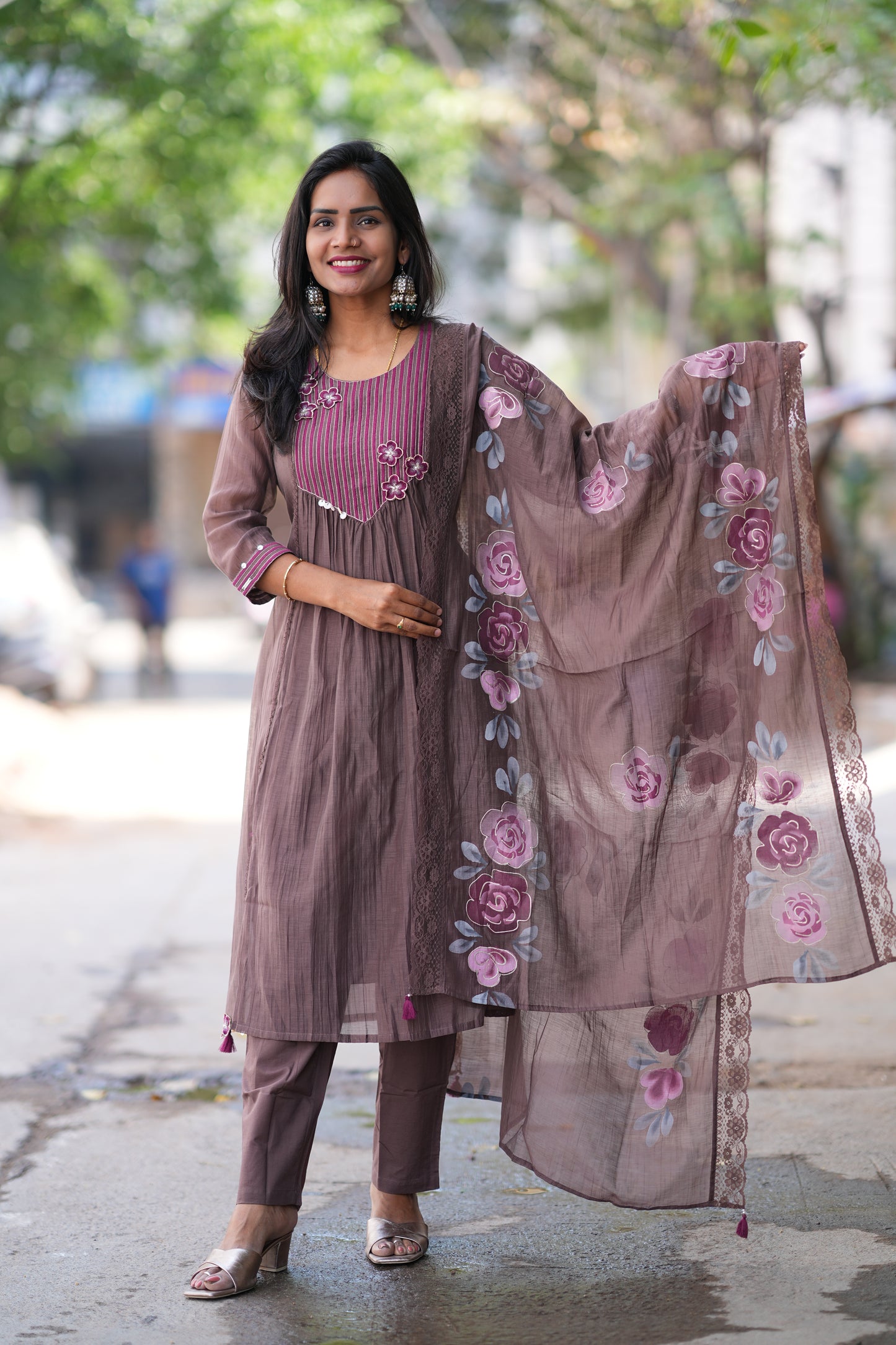 Brown Color viscose Fabric Party Wear 3 Piece Set with Heavy Dupatta