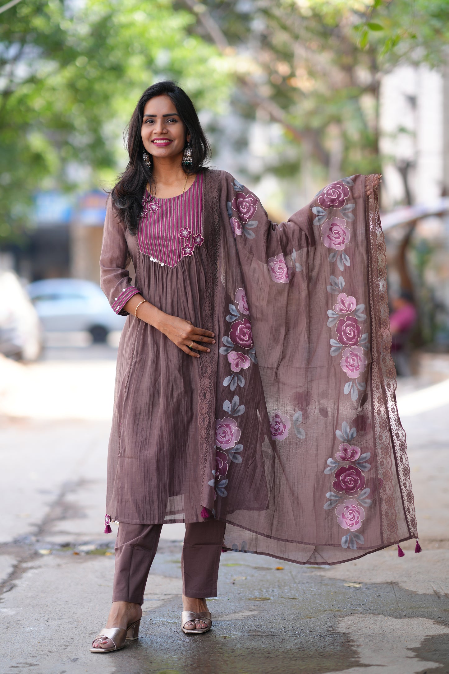 Brown Color viscose Fabric Party Wear 3 Piece Set with Heavy Dupatta
