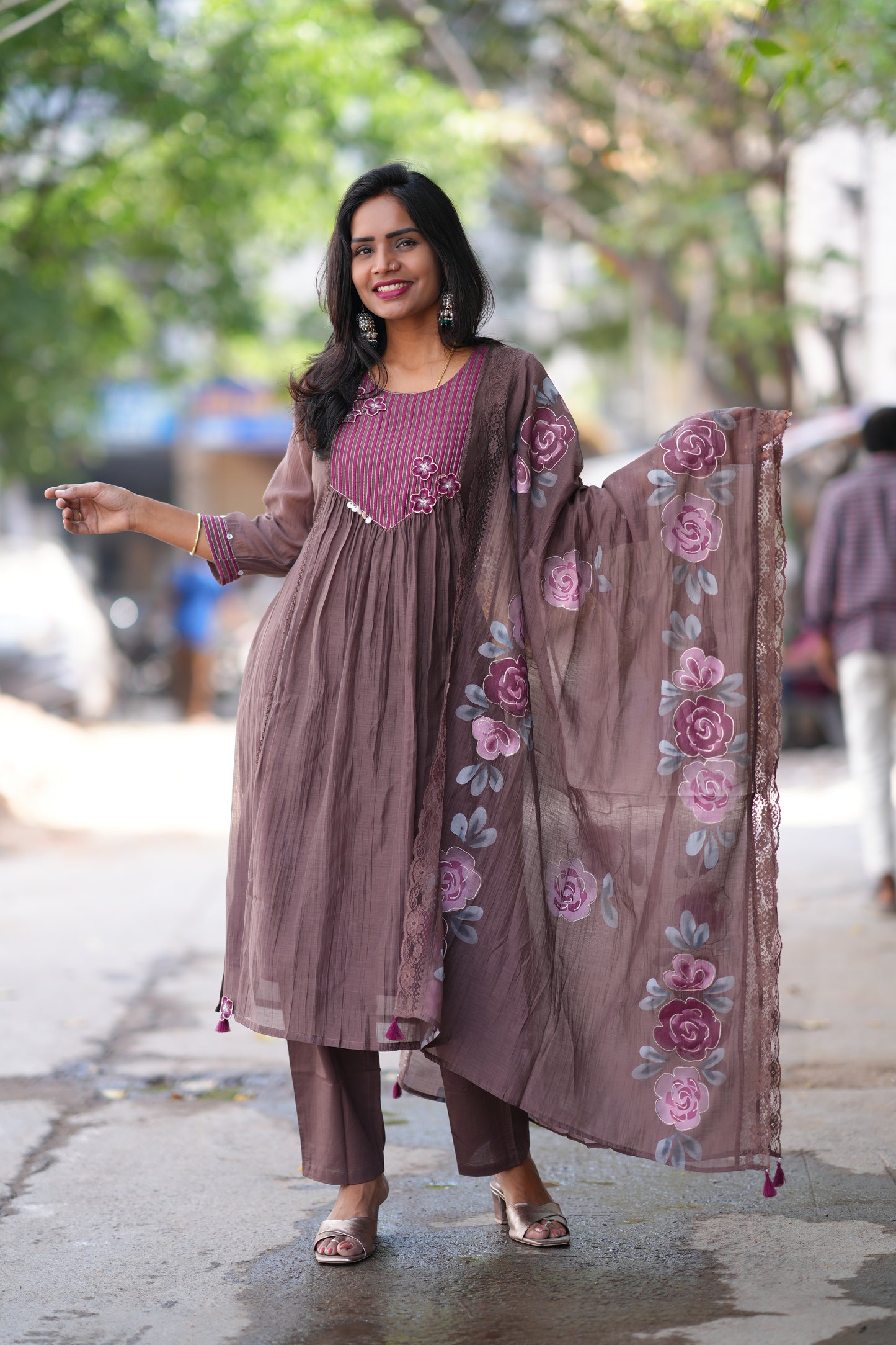 Brown Color viscose Fabric Party Wear 3 Piece Set with Heavy Dupatta