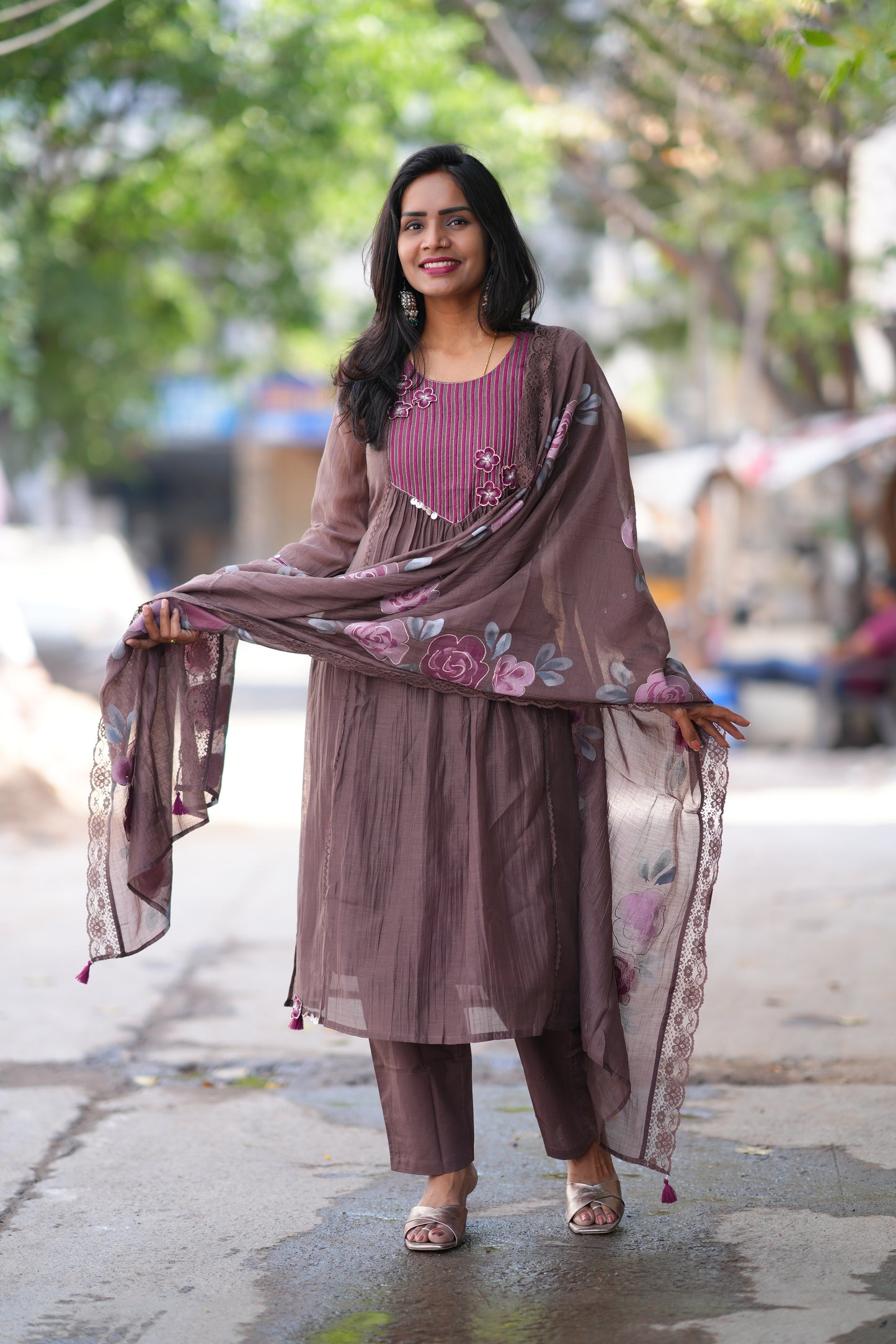 Brown Color viscose Fabric Party Wear 3 Piece Set with Heavy Dupatta