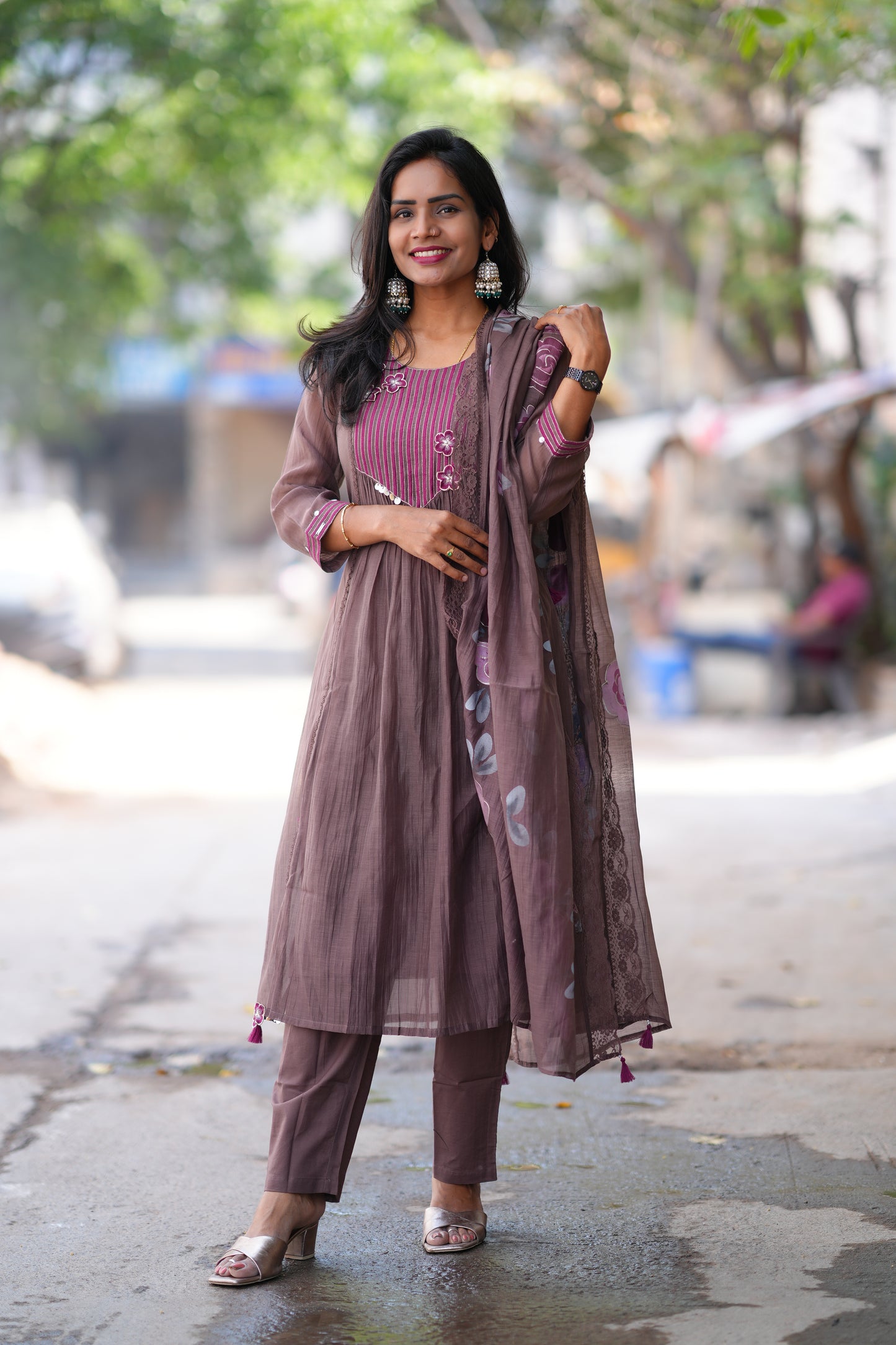 Brown Color viscose Fabric Party Wear 3 Piece Set with Heavy Dupatta