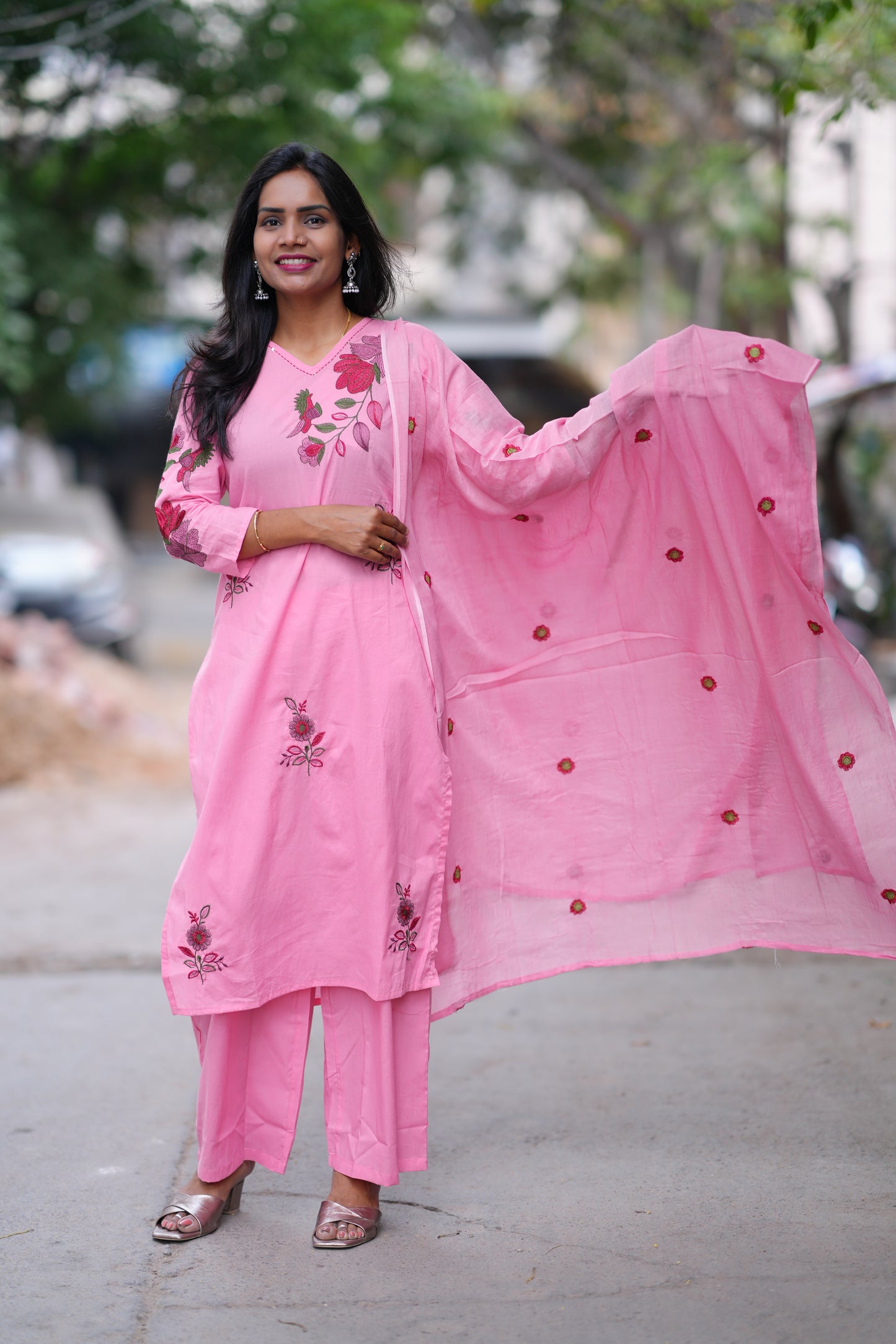 Pink Color Jaipuri Cotton 3 Piece Set With Heavy Embroidery Work