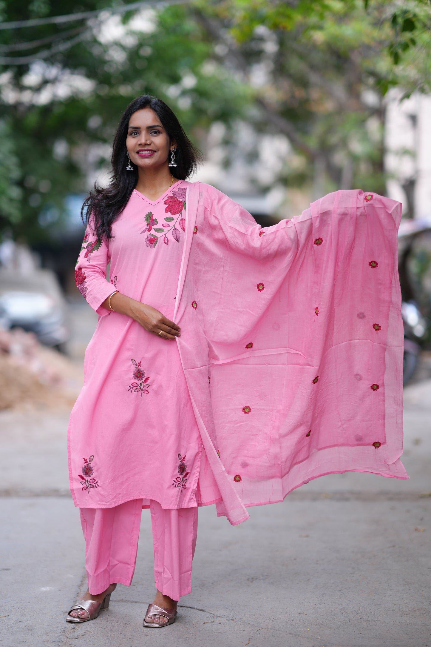 Pink Color Jaipuri Cotton 3 Piece Set With Heavy Embroidery Work