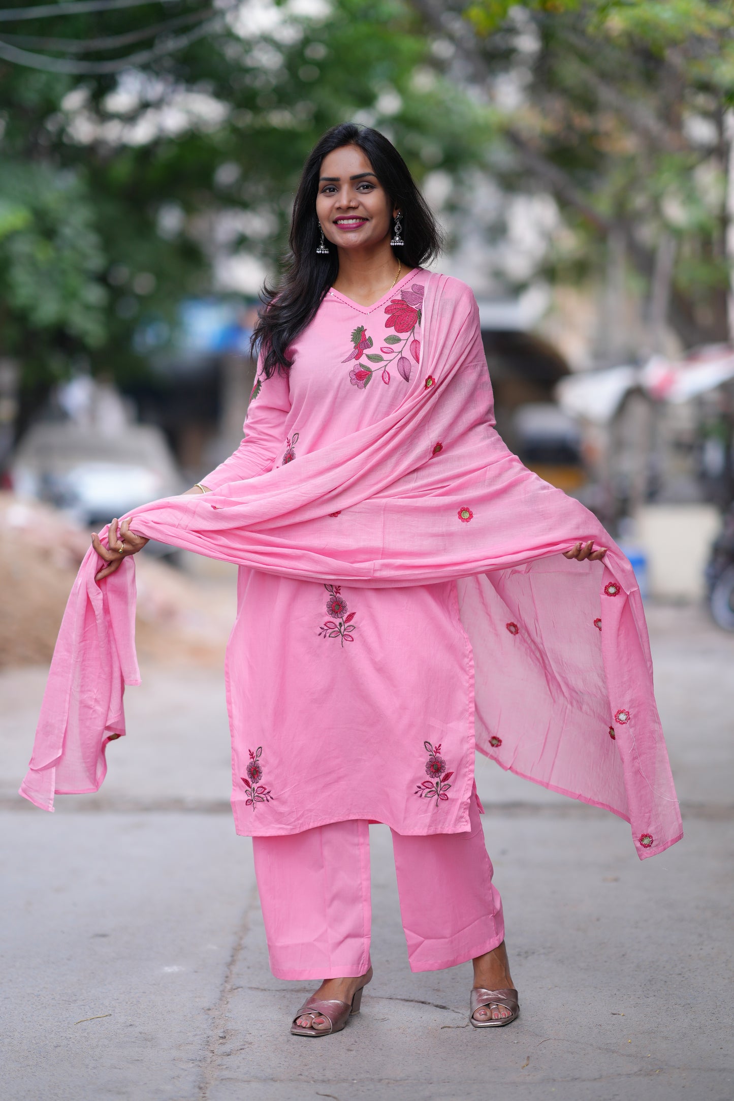 Pink Color Jaipuri Cotton 3 Piece Set With Heavy Embroidery Work