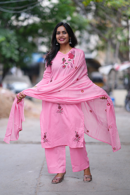 Pink Color Jaipuri Cotton 3 Piece Set With Heavy Embroidery Work