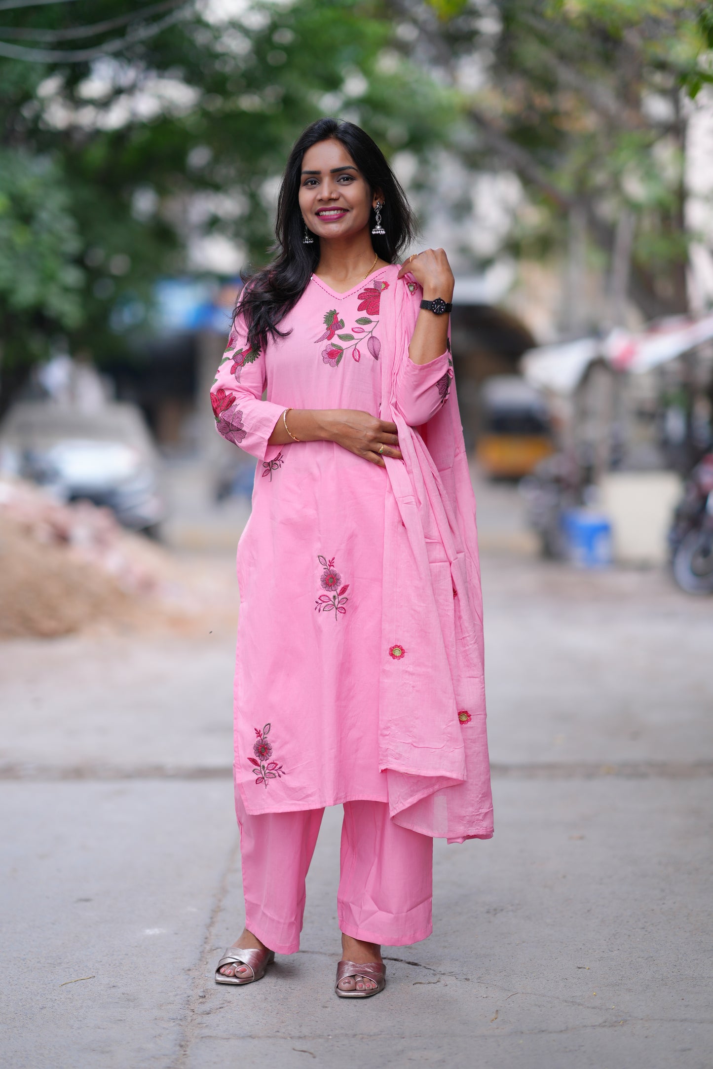 Pink Color Jaipuri Cotton 3 Piece Set With Heavy Embroidery Work
