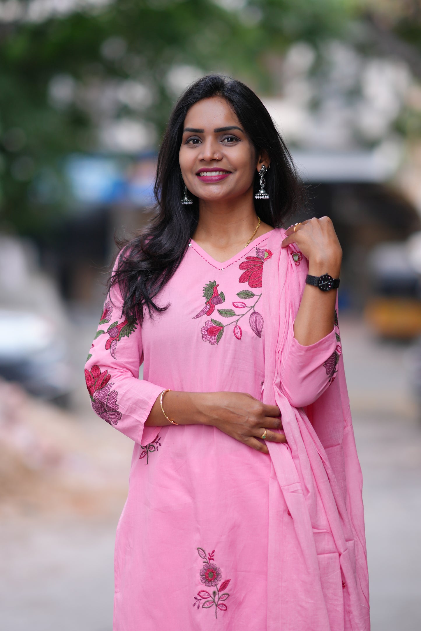 Pink Color Jaipuri Cotton 3 Piece Set With Heavy Embroidery Work