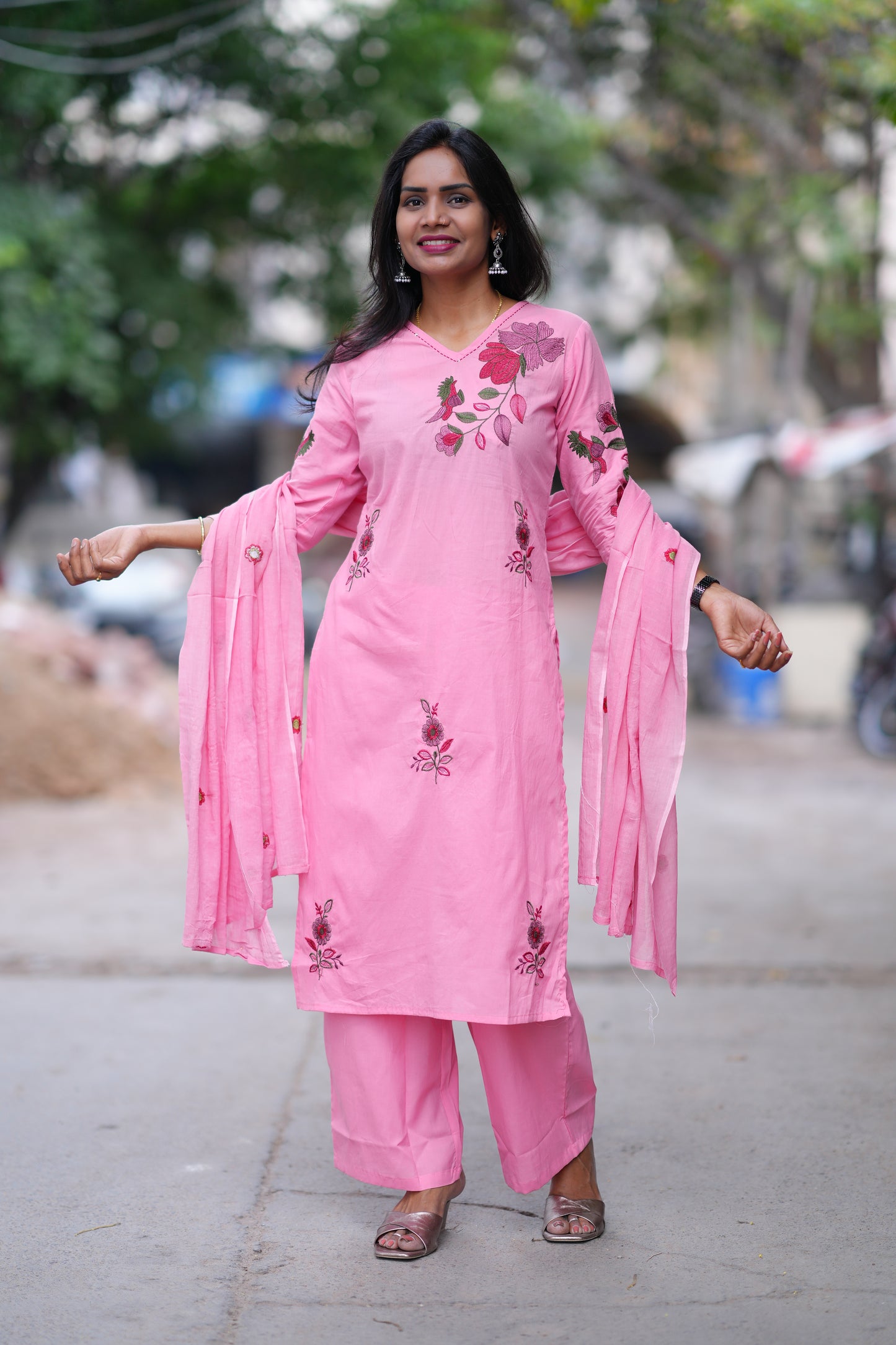 Pink Color Jaipuri Cotton 3 Piece Set With Heavy Embroidery Work